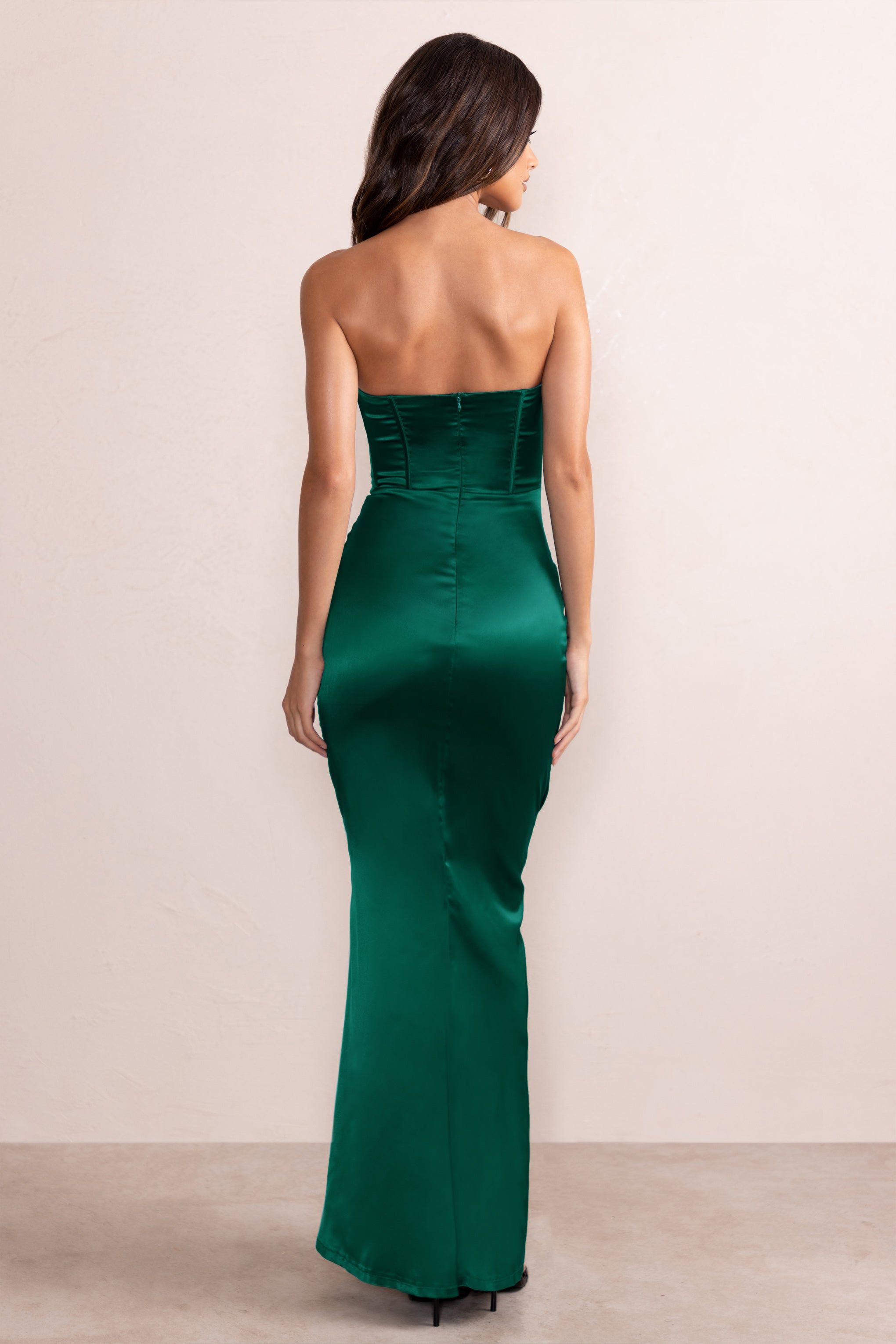 Sensual Notes | Bottle Green Satin Strapless Corset Thigh Split Fishtail Maxi Dress sold by Club L London product image thumbnail 2