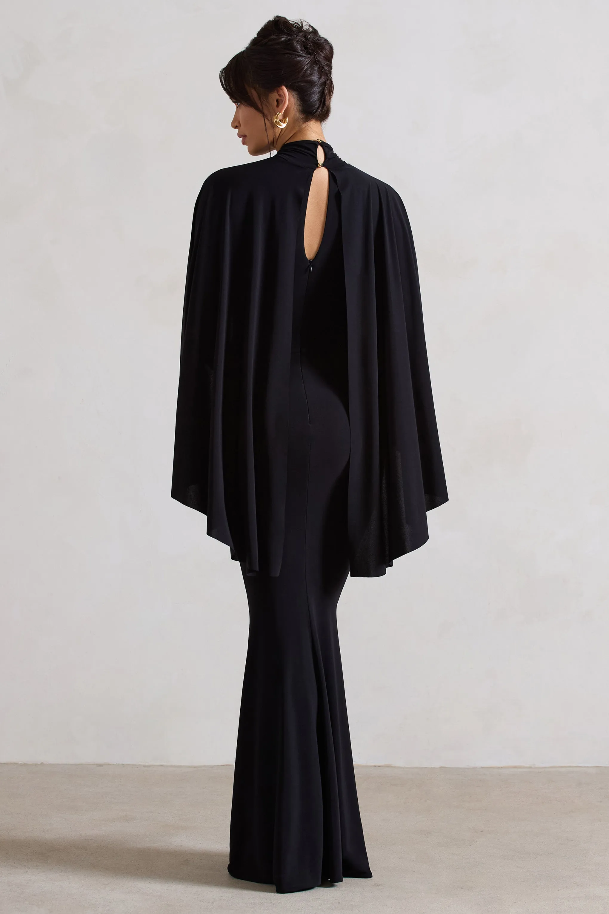 Audrina | Black Ruched Halter-Neck Split Maxi Dress With Cape sold by Club L London product image thumbnail 2