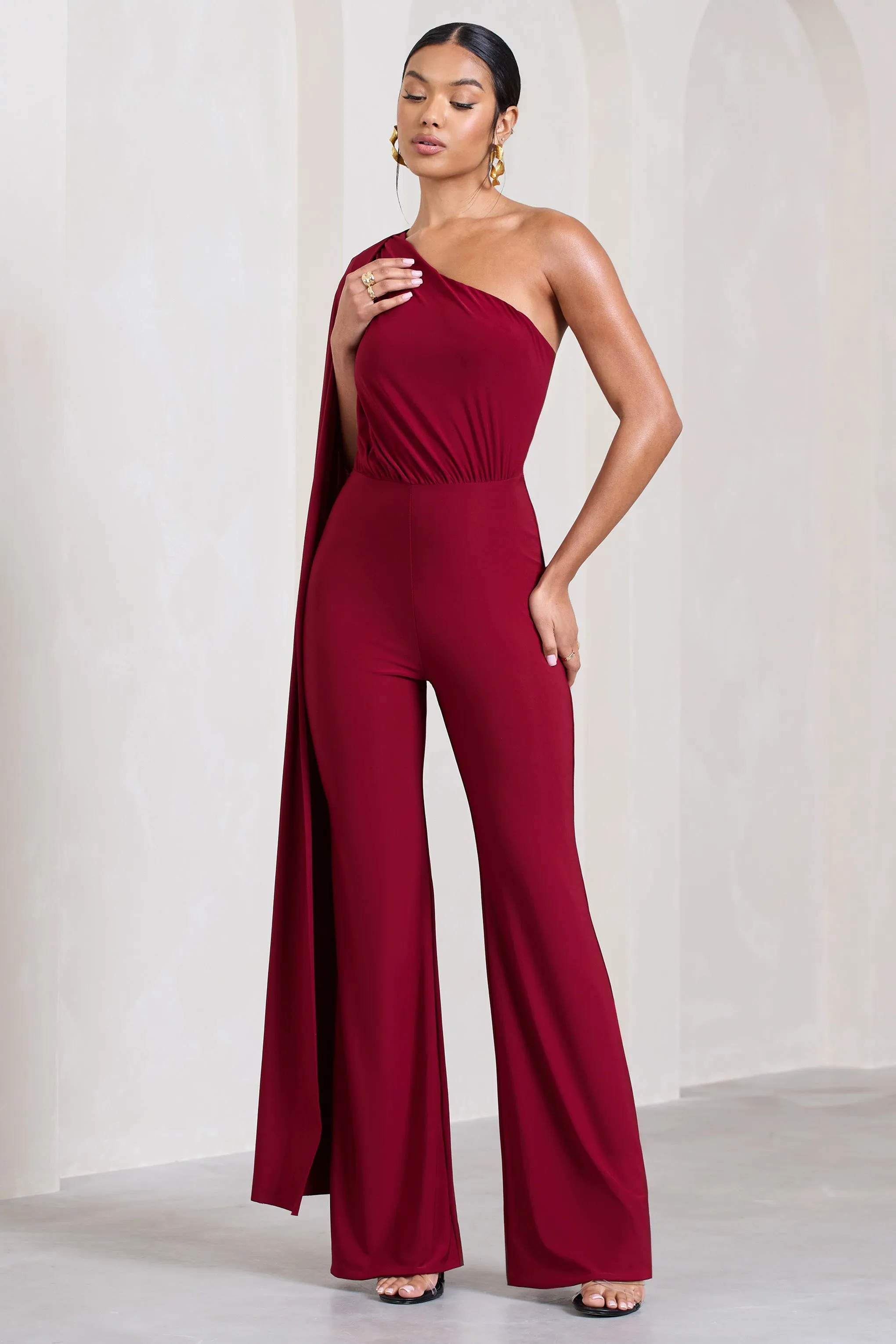 Aurora | Berry One Shoulder Cape Sleeve Jumpsuit sold by Club L London product image thumbnail 4