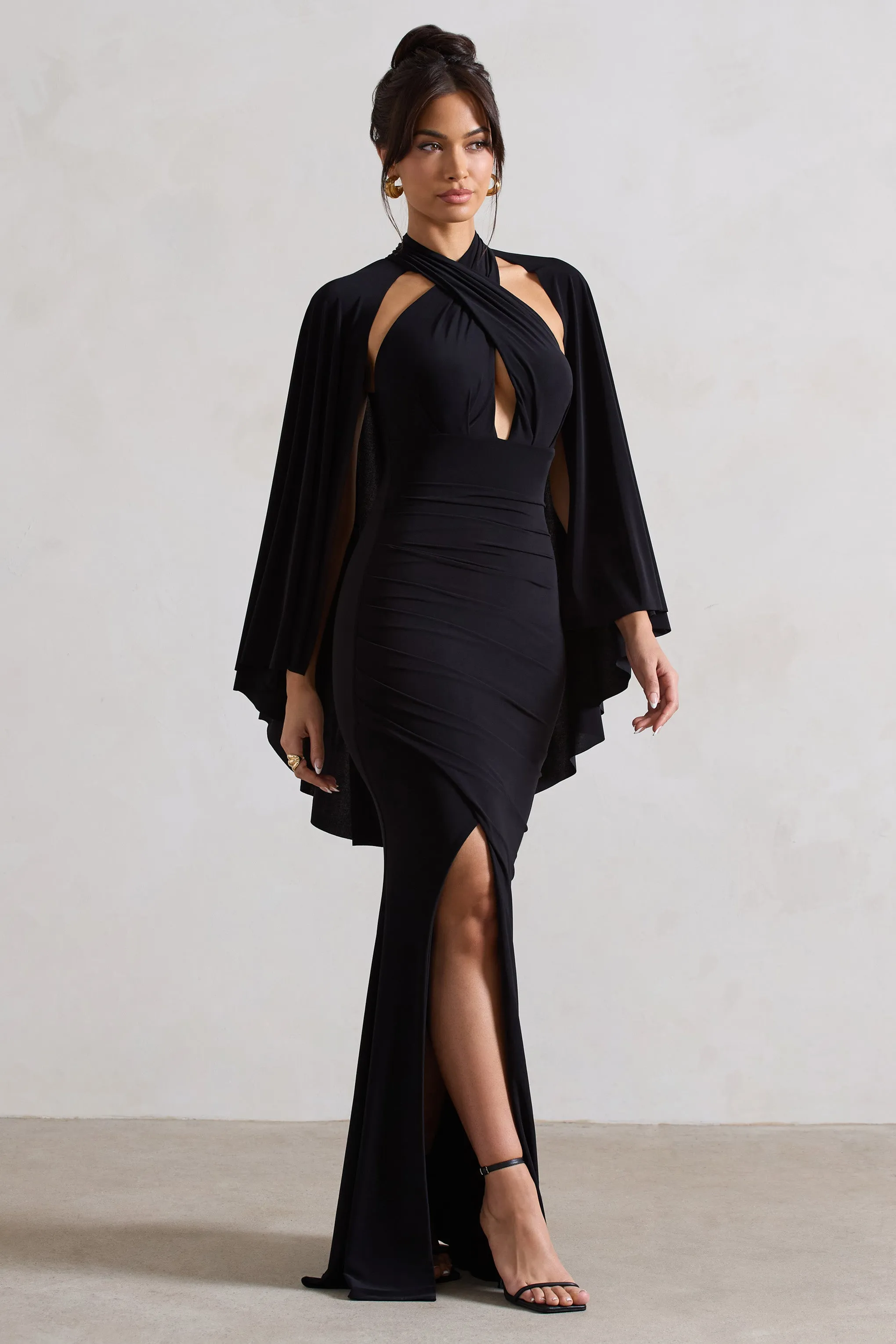 Audrina | Black Ruched Halter-Neck Split Maxi Dress With Cape sold by Club L London product image thumbnail 5