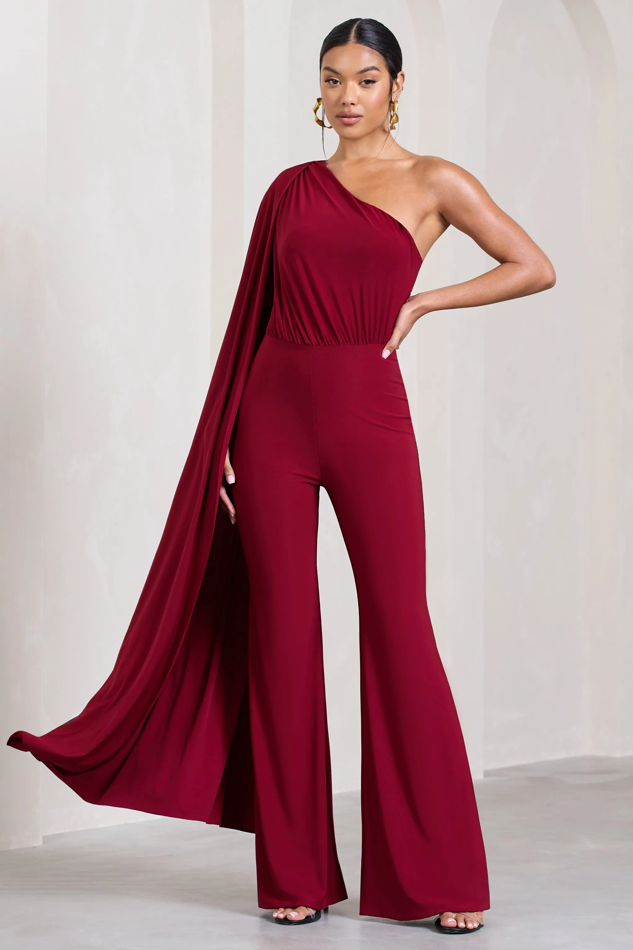 Aurora | Berry One Shoulder Cape Sleeve Jumpsuit sold by Club L London product image thumbnail 5