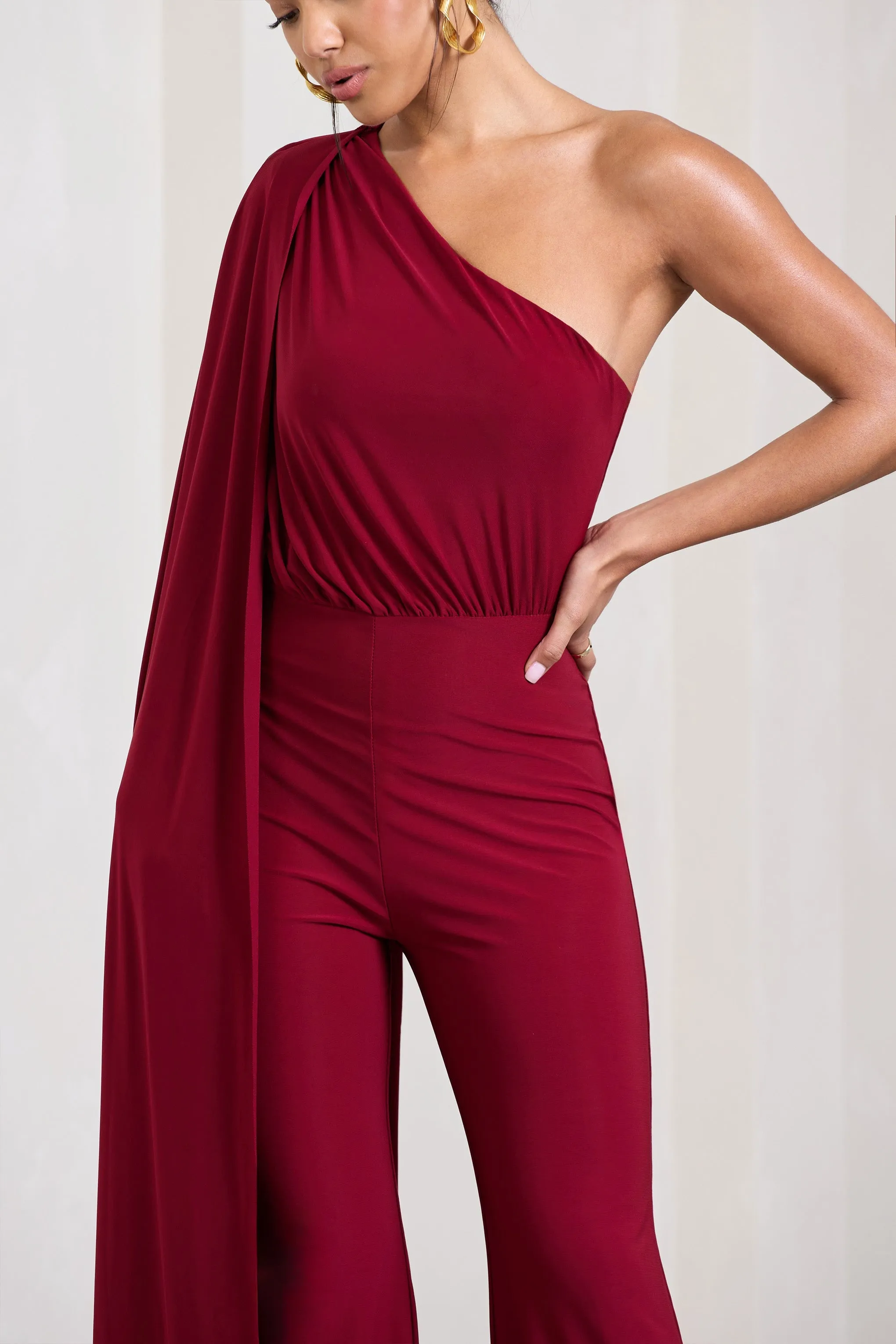 Aurora | Berry One Shoulder Cape Sleeve Jumpsuit sold by Club L London product image thumbnail 3