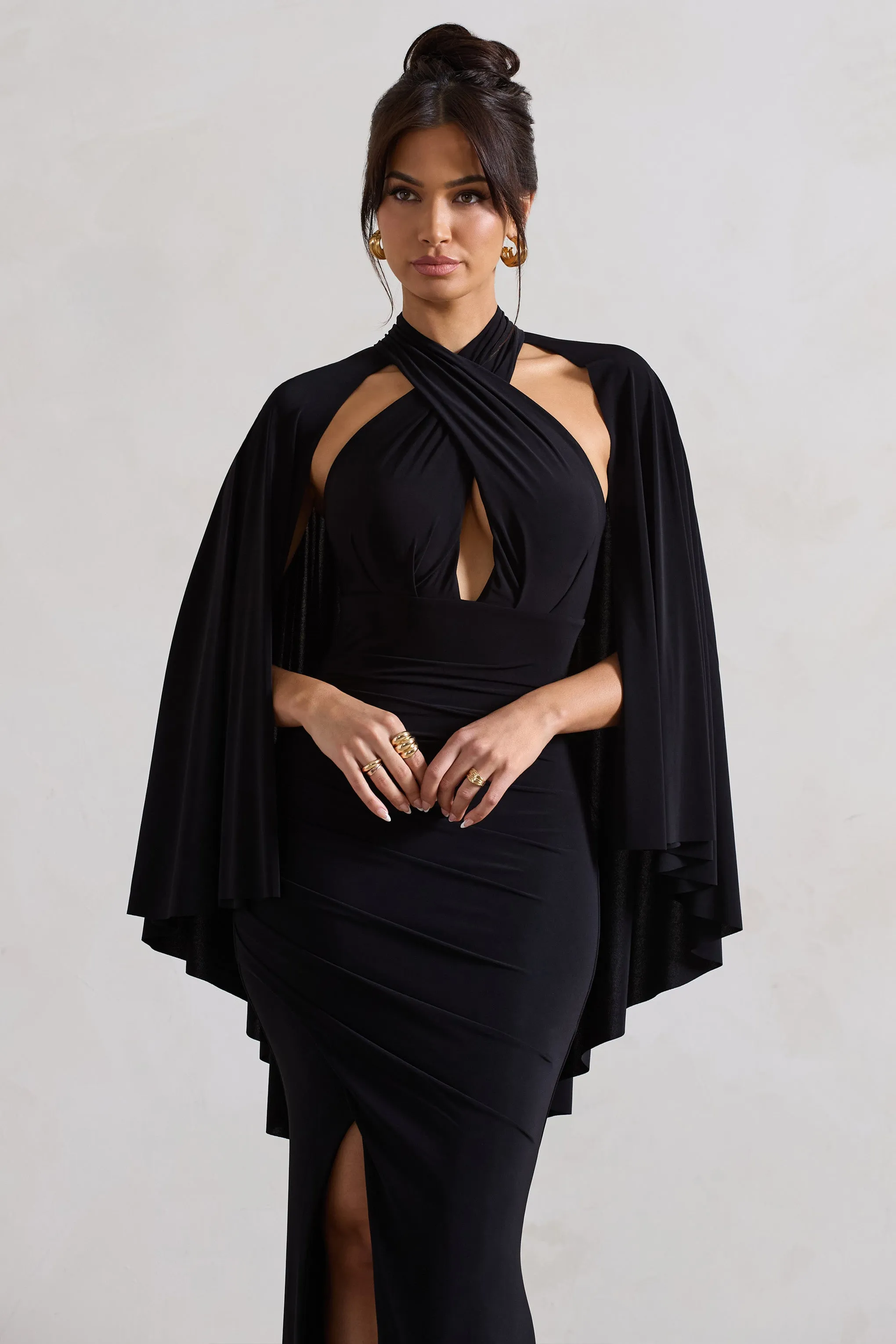 Audrina | Black Ruched Halter-Neck Split Maxi Dress With Cape sold by Club L London product image thumbnail 3