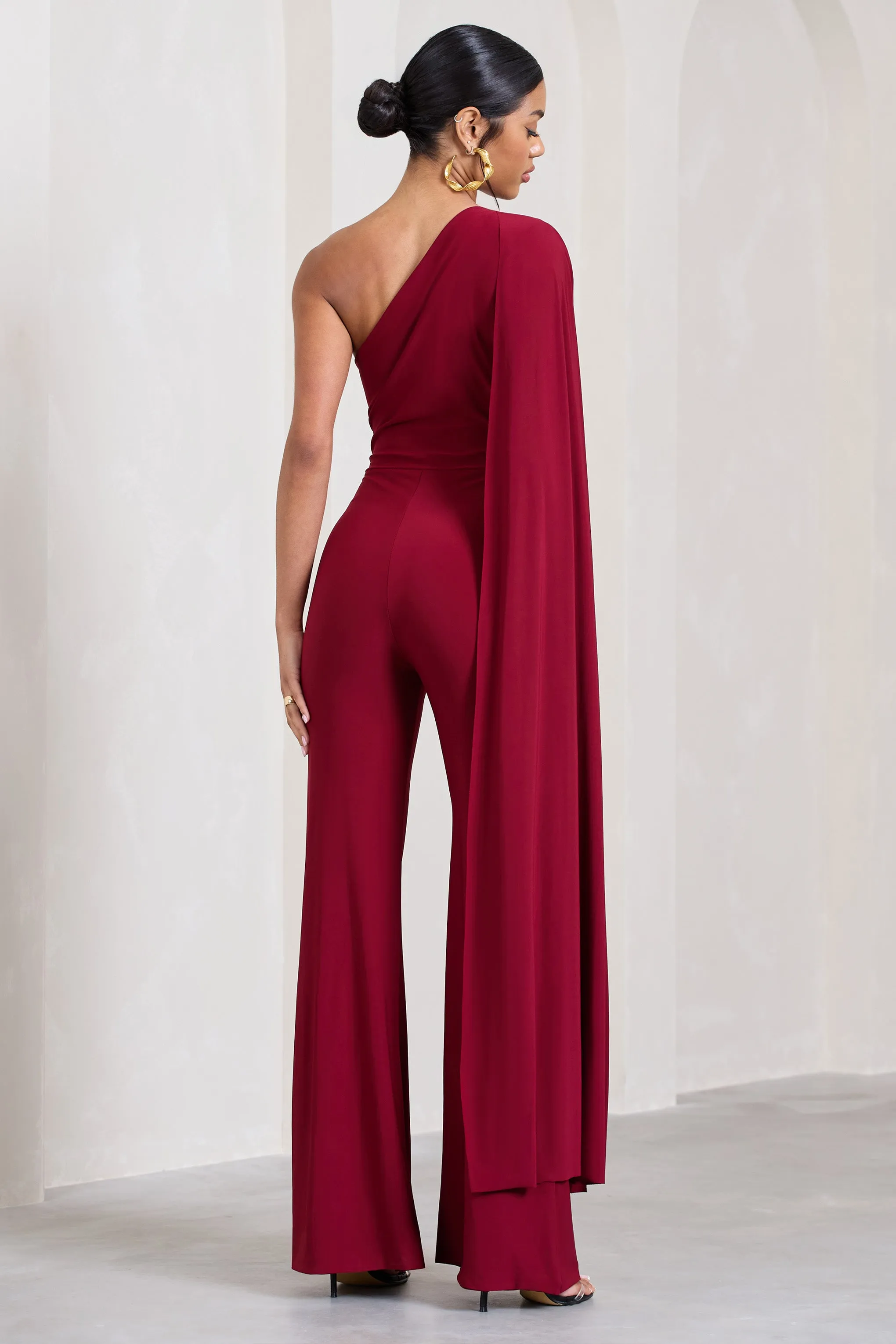 Aurora | Berry One Shoulder Cape Sleeve Jumpsuit sold by Club L London product image thumbnail 2