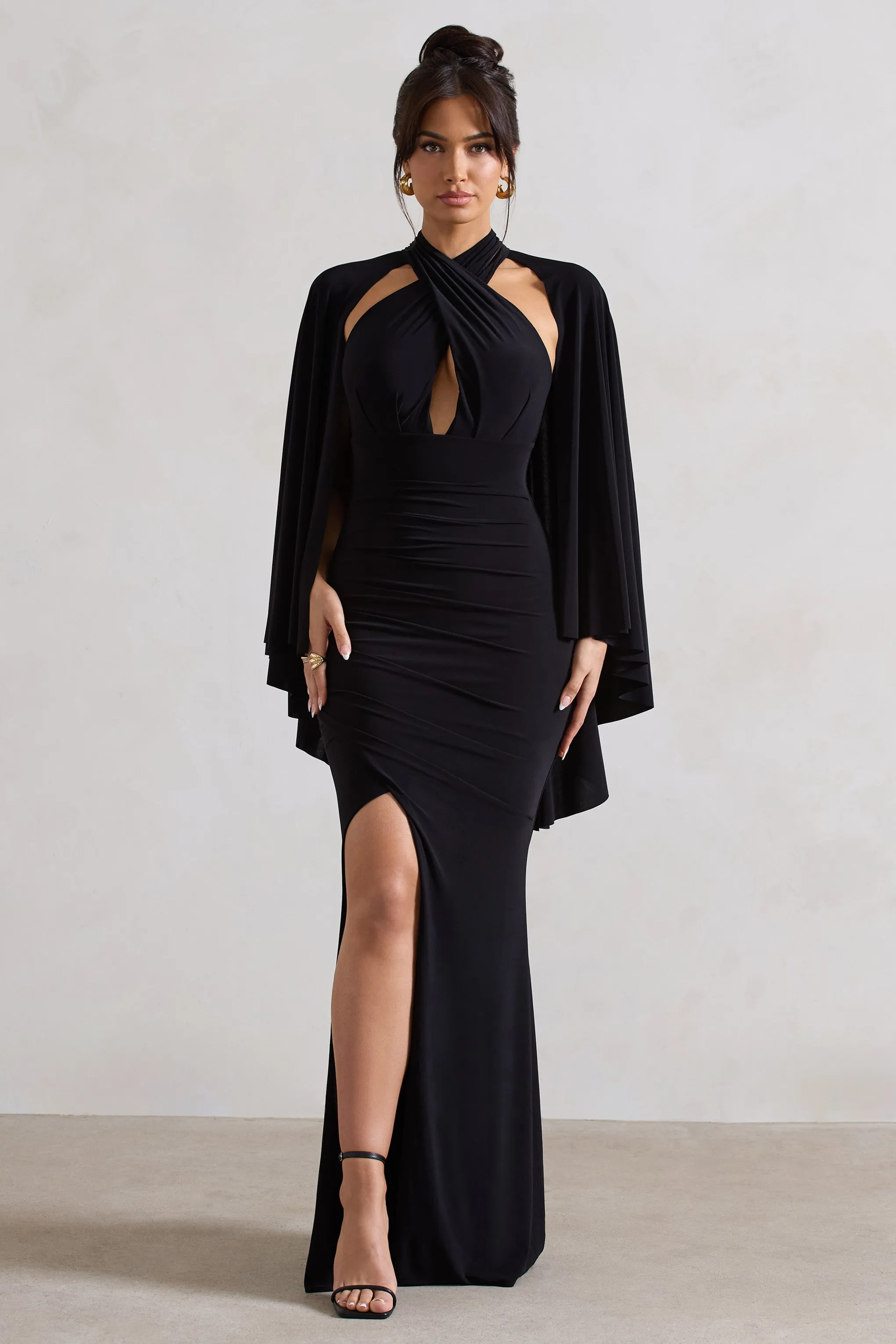Audrina | Black Ruched Halter-Neck Split Maxi Dress With Cape sold by Club L London product image thumbnail 4