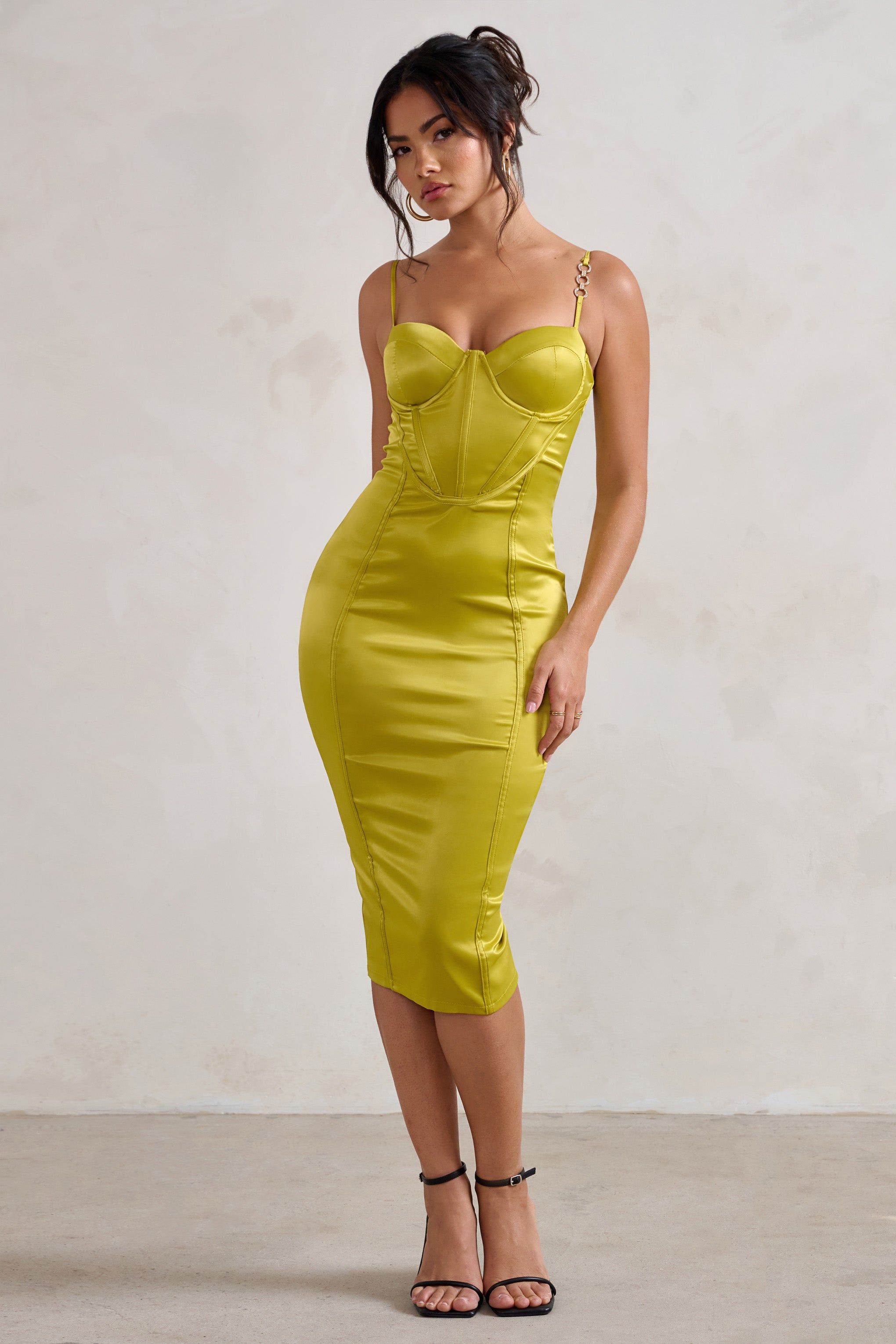 Camilla | Lime Satin Square Neck Corset Bodice Midi Dress sold by Club L London product image thumbnail 4