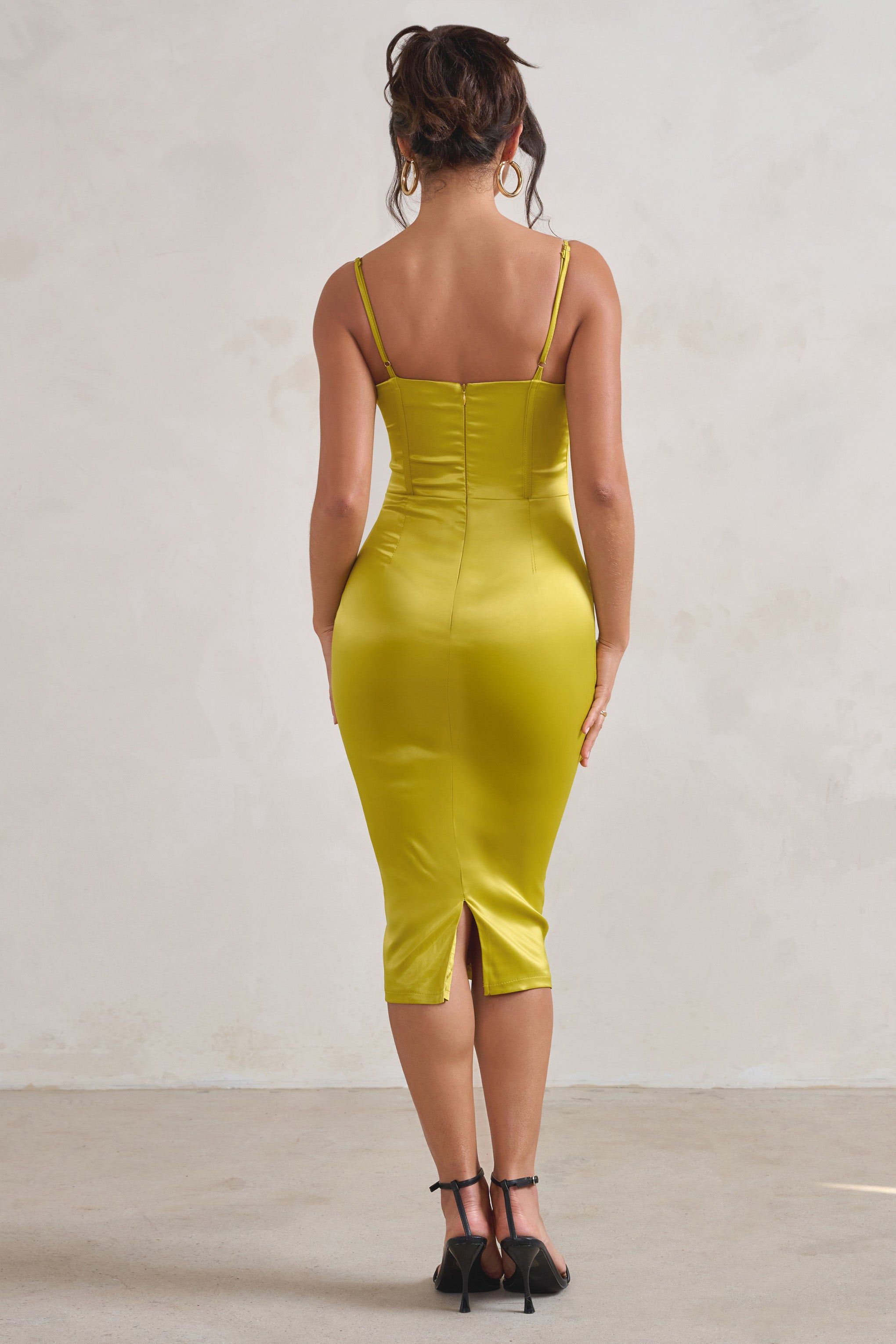 Camilla | Lime Satin Square Neck Corset Bodice Midi Dress sold by Club L London product image thumbnail 2