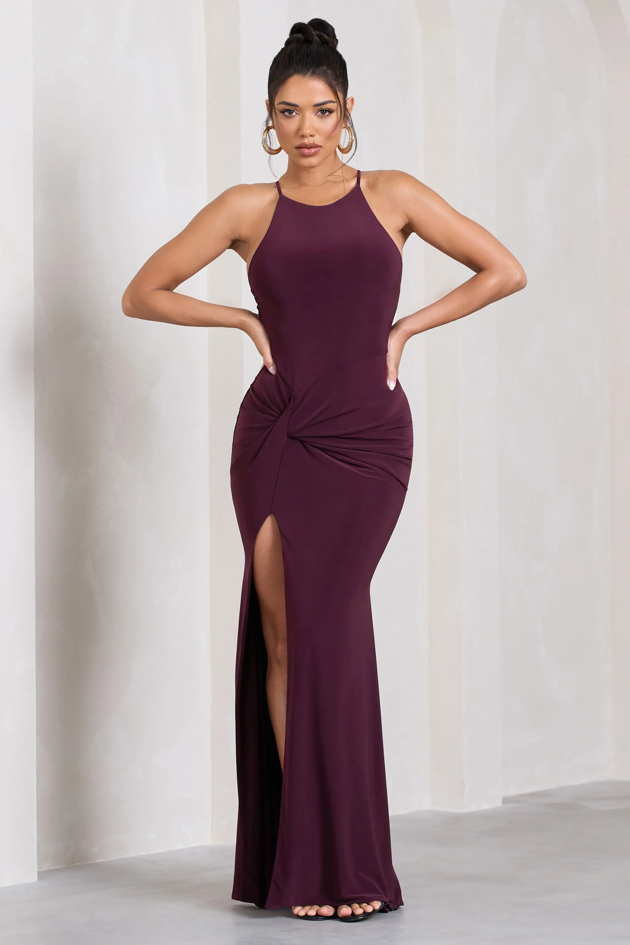 Stellar | Plum Halter-Neck Twisted Split Maxi Dress sold by Club L London product image thumbnail 4