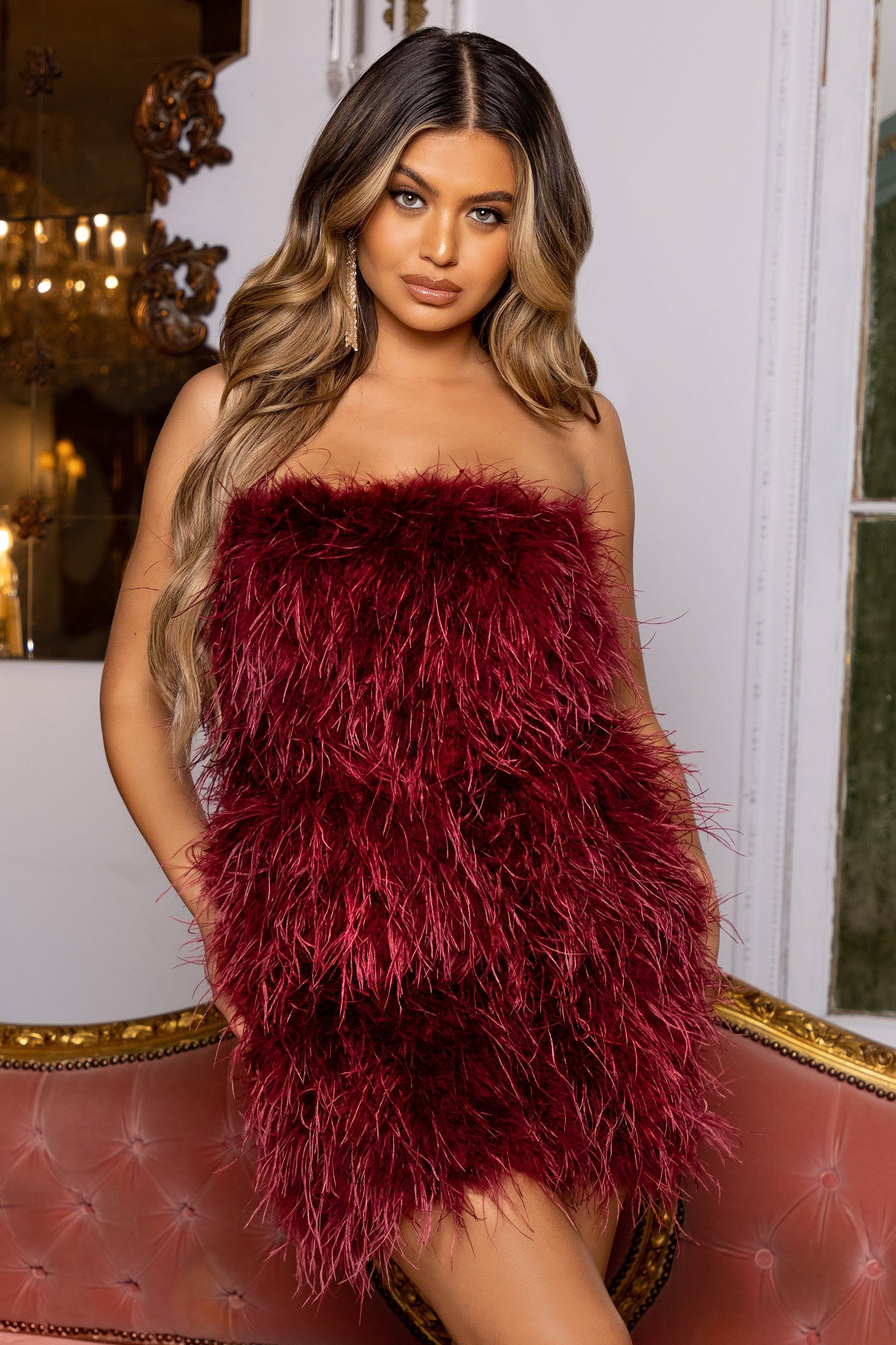 Out On The Town | Berry Feather Bandeau Mini Dress sold by Club L London