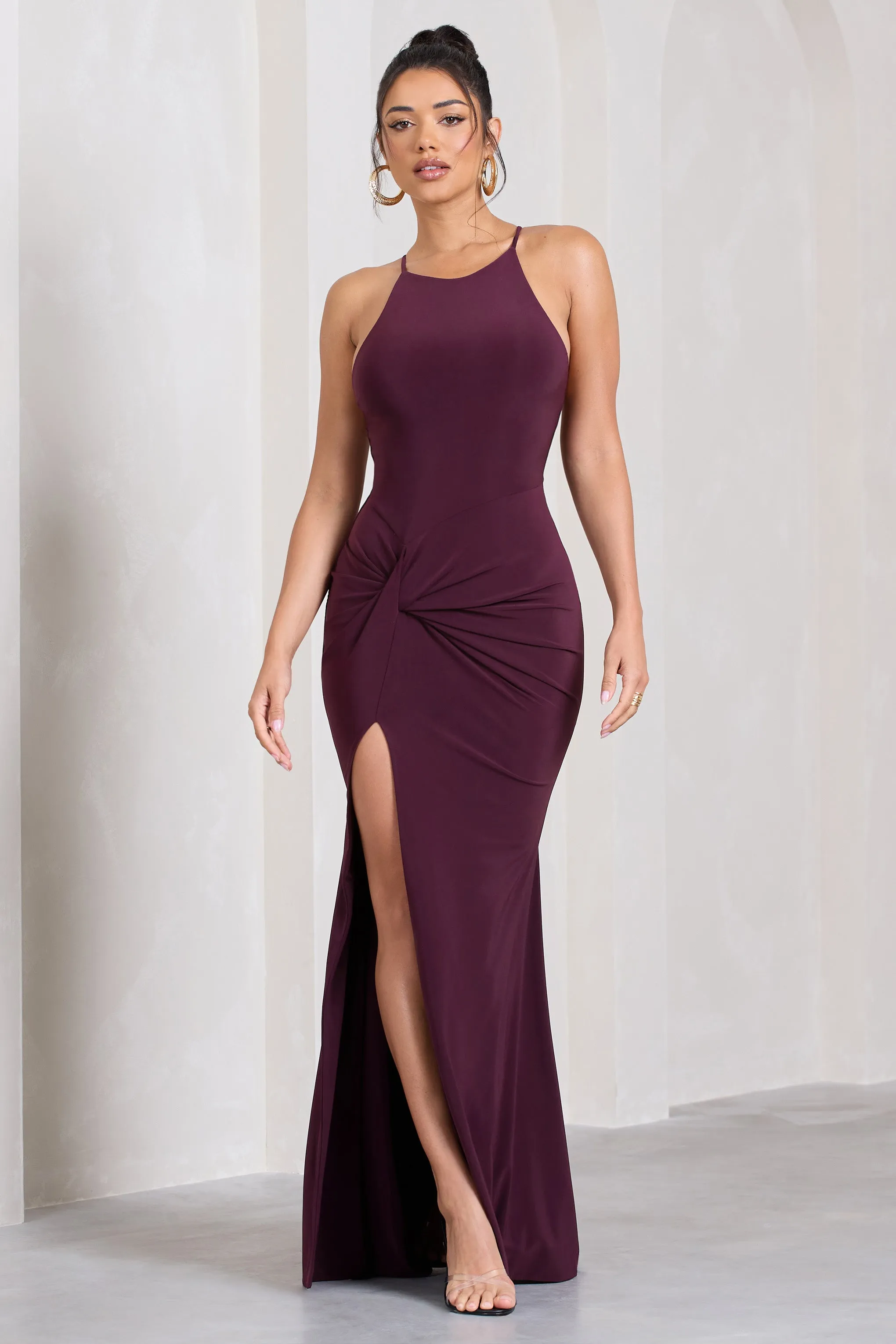 Stellar | Plum Halter-Neck Twisted Split Maxi Dress sold by Club L London