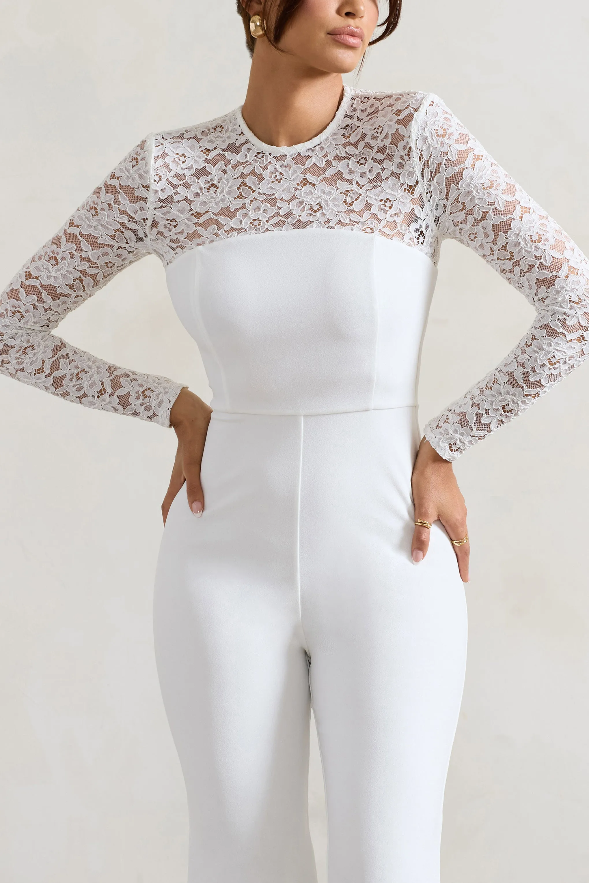 Amari | White Lace Long-Sleeve Flared-Leg Jumpsuit sold by Club L London product image thumbnail 3