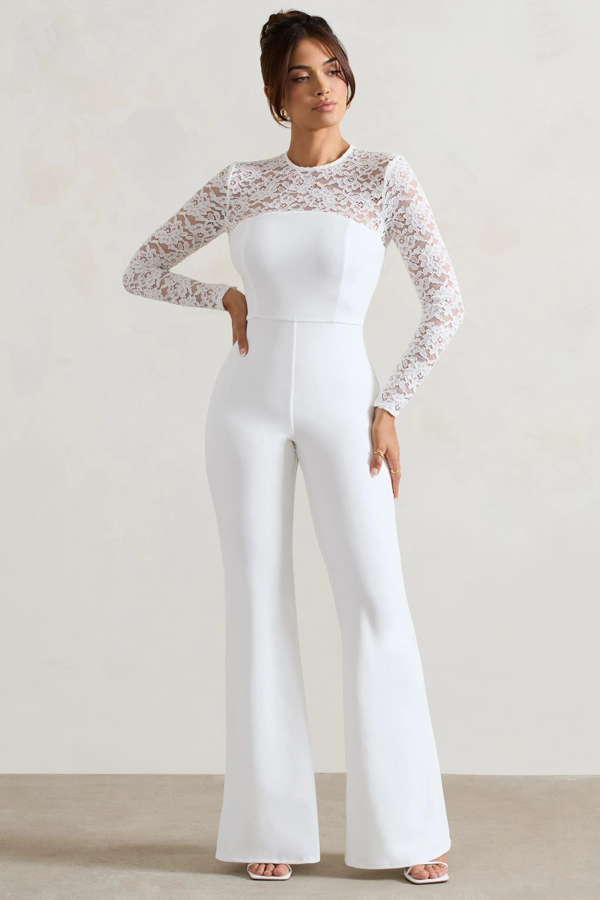 Amari | White Lace Long-Sleeve Flared-Leg Jumpsuit sold by Club L London product image thumbnail 5