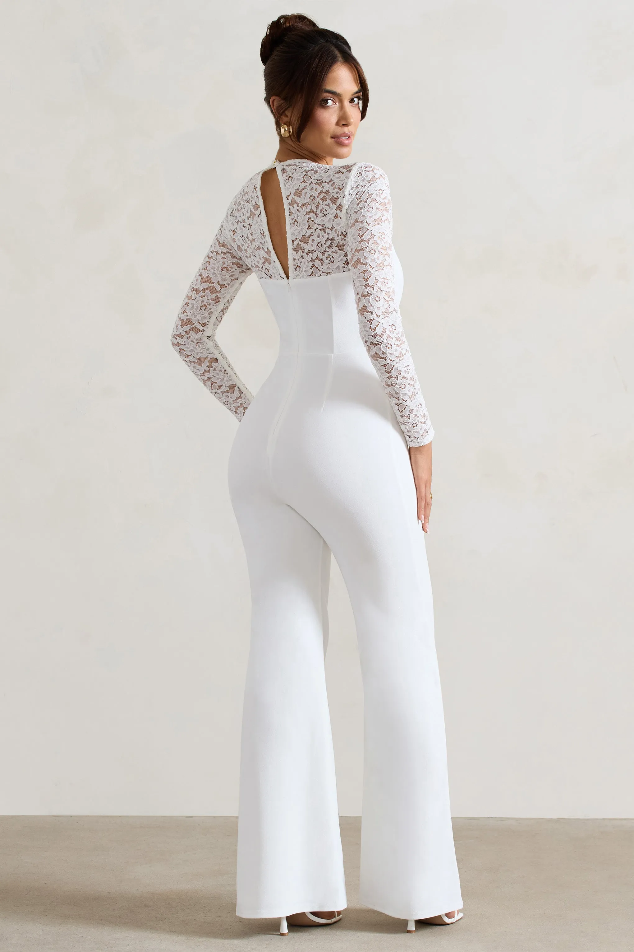Amari | White Lace Long-Sleeve Flared-Leg Jumpsuit sold by Club L London product image thumbnail 2