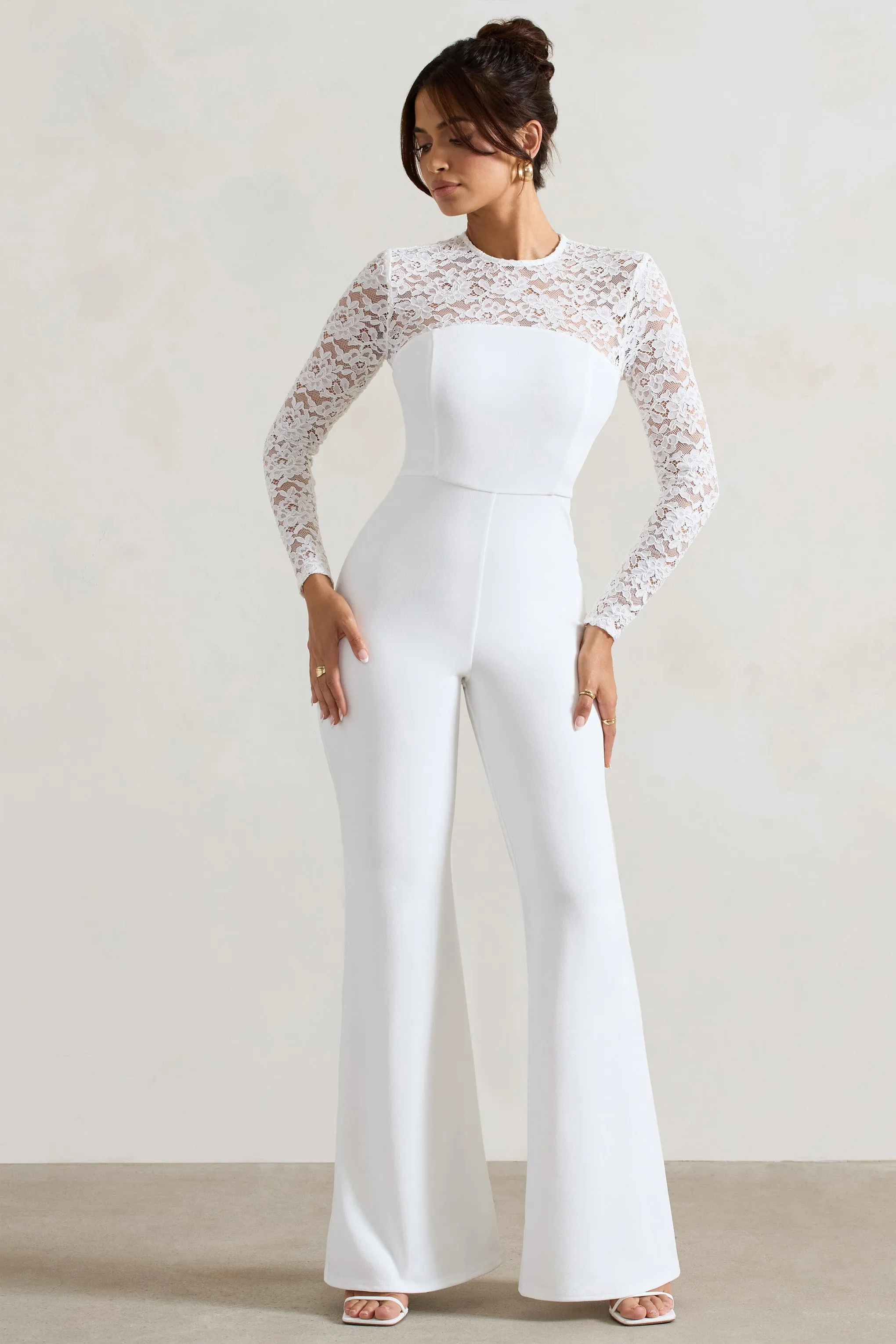 Amari | White Lace Long-Sleeve Flared-Leg Jumpsuit sold by Club L London product image thumbnail 4