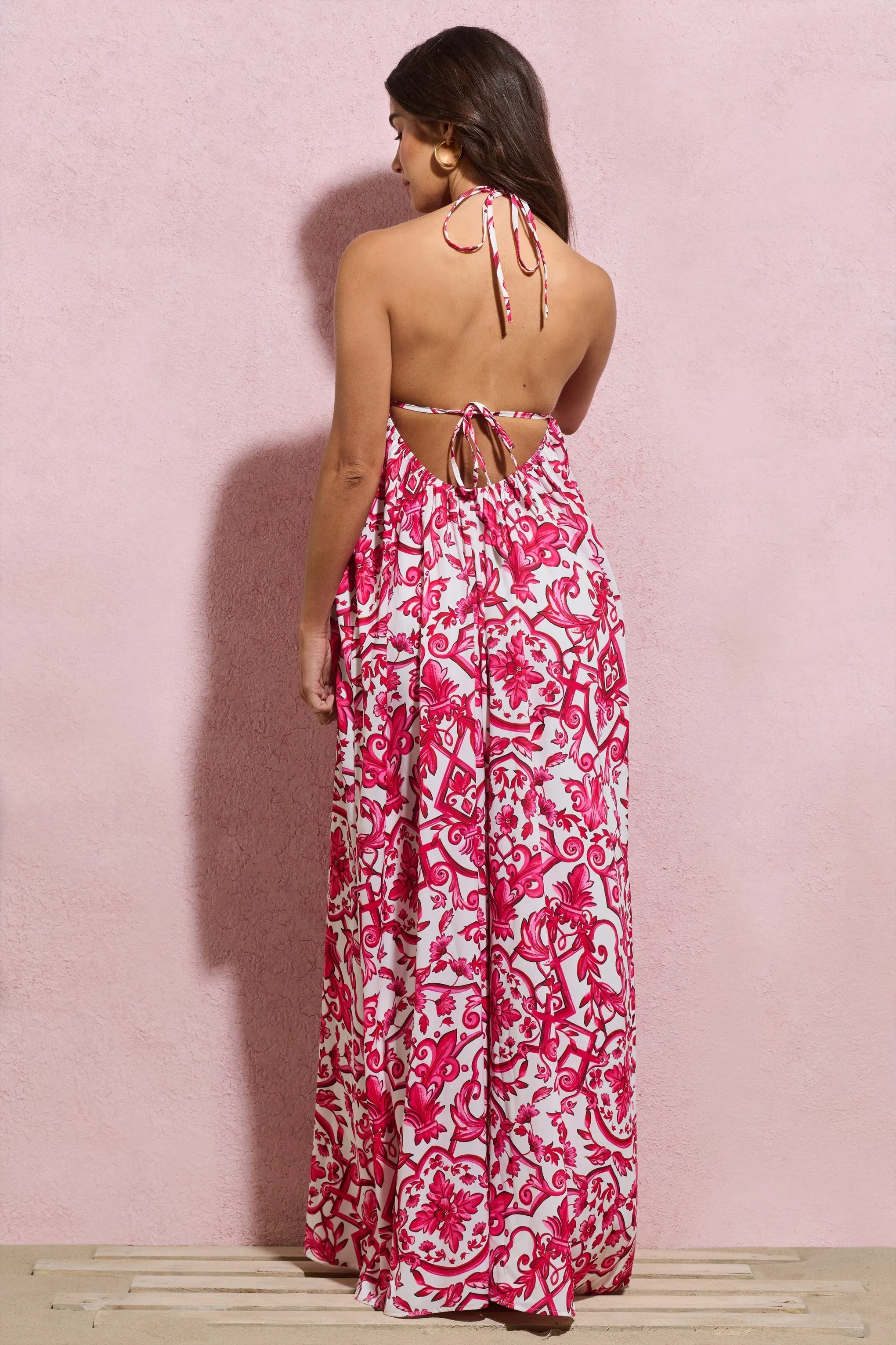 Salerno | Pink Porcelain Print Halter-Neck Maxi Dress With Corsage sold by Club L London product image thumbnail 3
