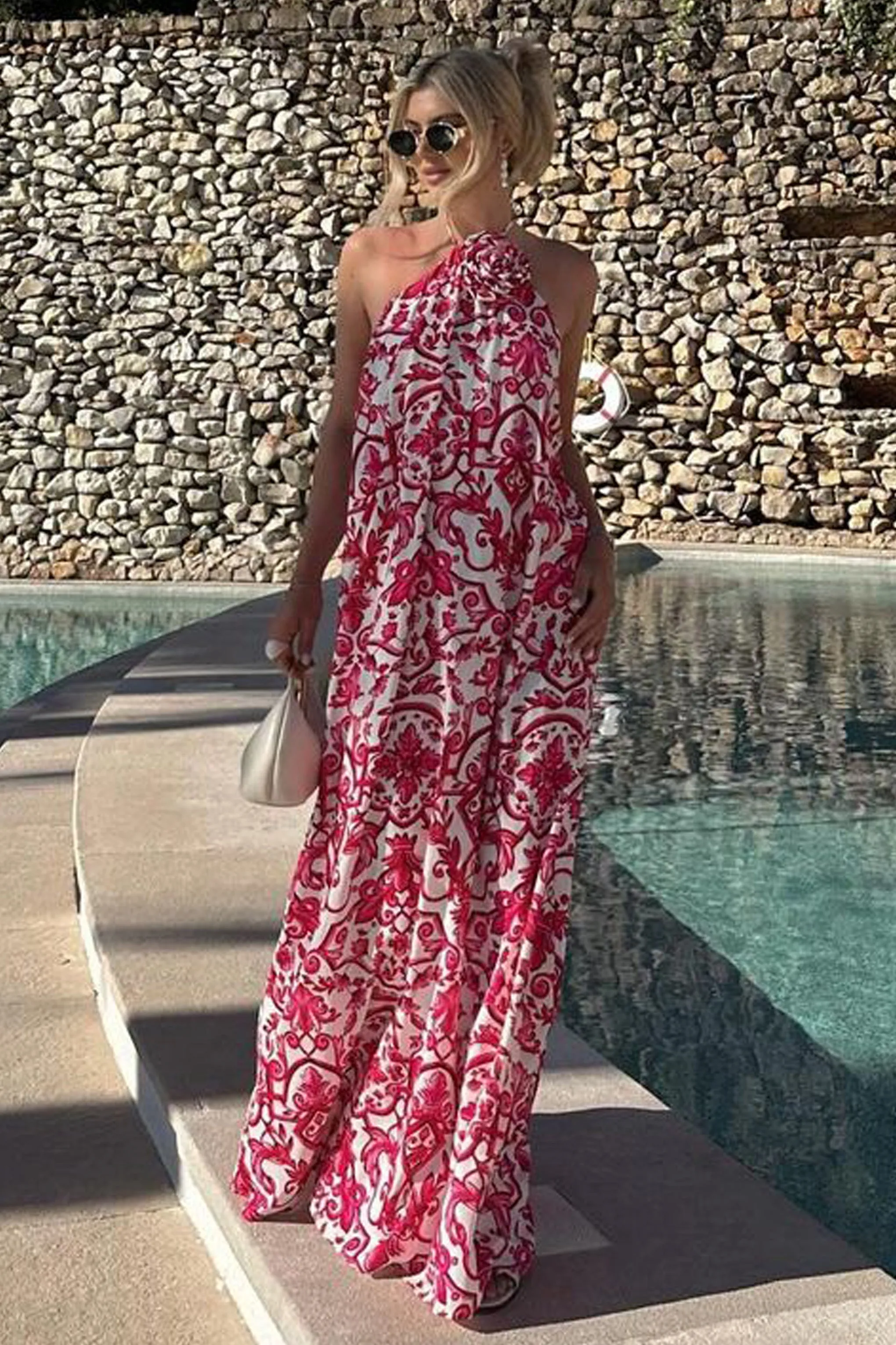 Salerno | Pink Porcelain Print Halter-Neck Maxi Dress With Corsage sold by Club L London