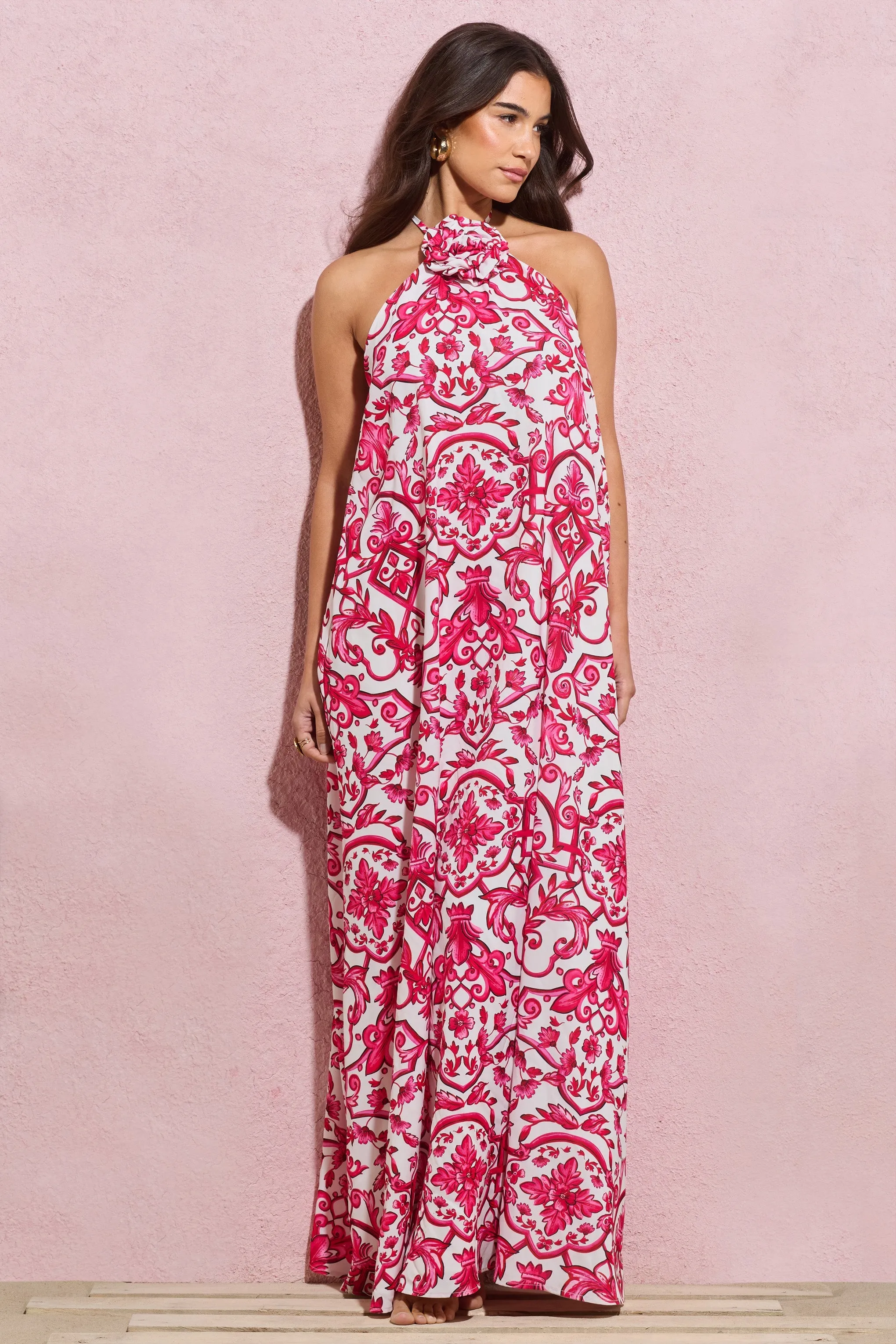Salerno | Pink Porcelain Print Halter-Neck Maxi Dress With Corsage sold by Club L London product image thumbnail 5