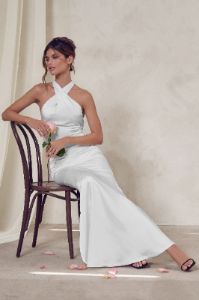Unstoppable | White Satin Cross Over Halter Neck Maxi Dress sold by Club L London