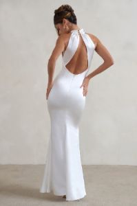 Unstoppable | White Satin Cross Over Halter Neck Maxi Dress sold by Club L London