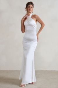 Unstoppable | White Satin Cross Over Halter Neck Maxi Dress sold by Club L London