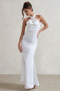 Unstoppable | White Satin Cross Over Halter Neck Maxi Dress sold by Club L London