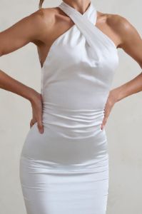 Unstoppable | White Satin Cross Over Halter Neck Maxi Dress sold by Club L London
