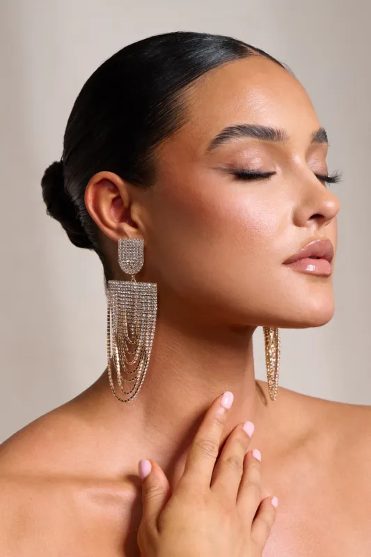 Rochelle | Gold Diamante Drop Earrings sold by Club L London