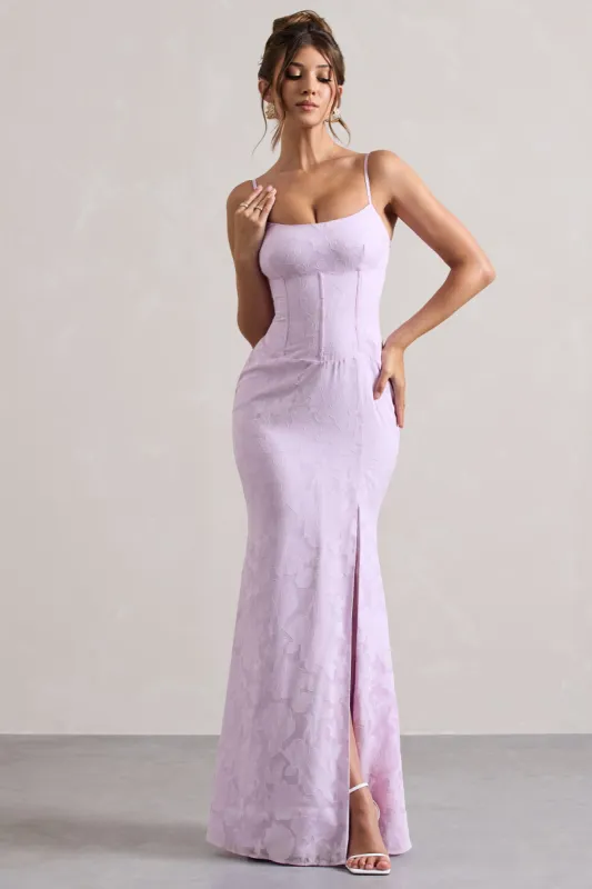 Intimacy | Lilac Lace Corset Split Maxi Dress sold by Club L London