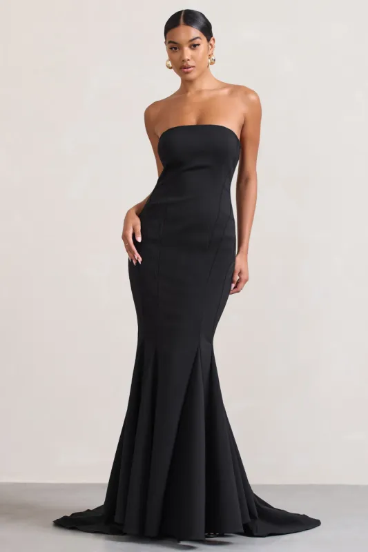 Adored | Black Strapless Structured Fishtail Maxi Dress sold by Club L London