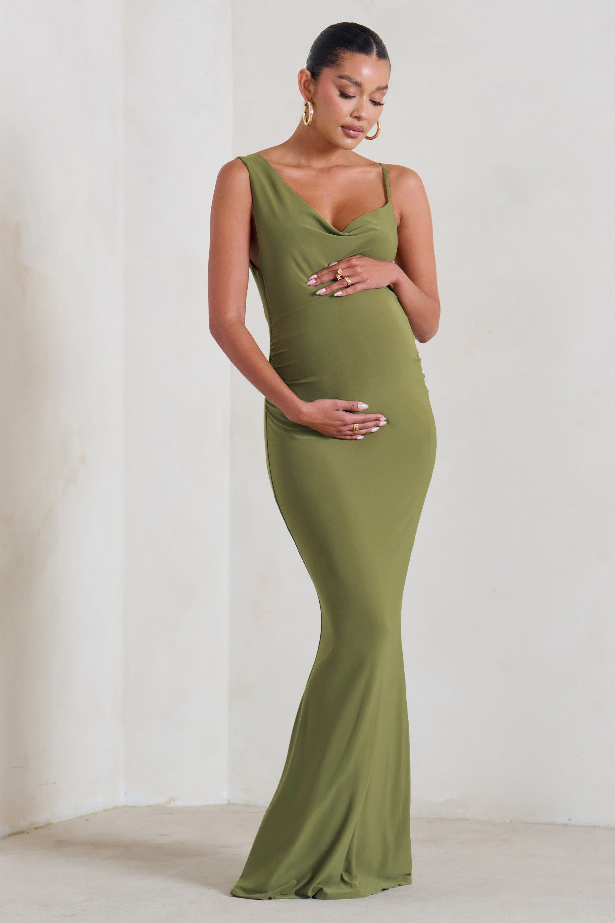 Phantasy | Olive Green Maternity Cowl Neck Maxi Dress sold by Club L London