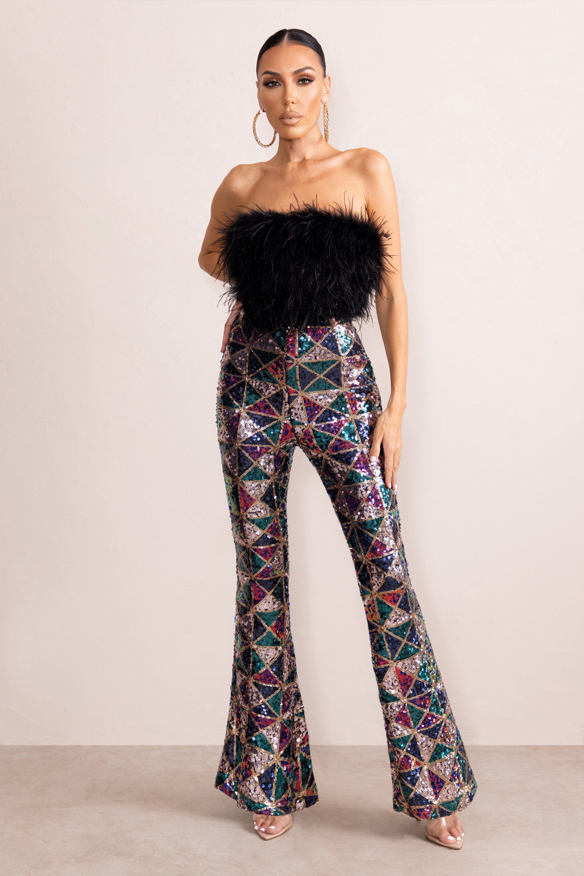 Heaven Sent | Black Aztec Sequin Fit And Flare Trousers sold by Club L London product image thumbnail 3