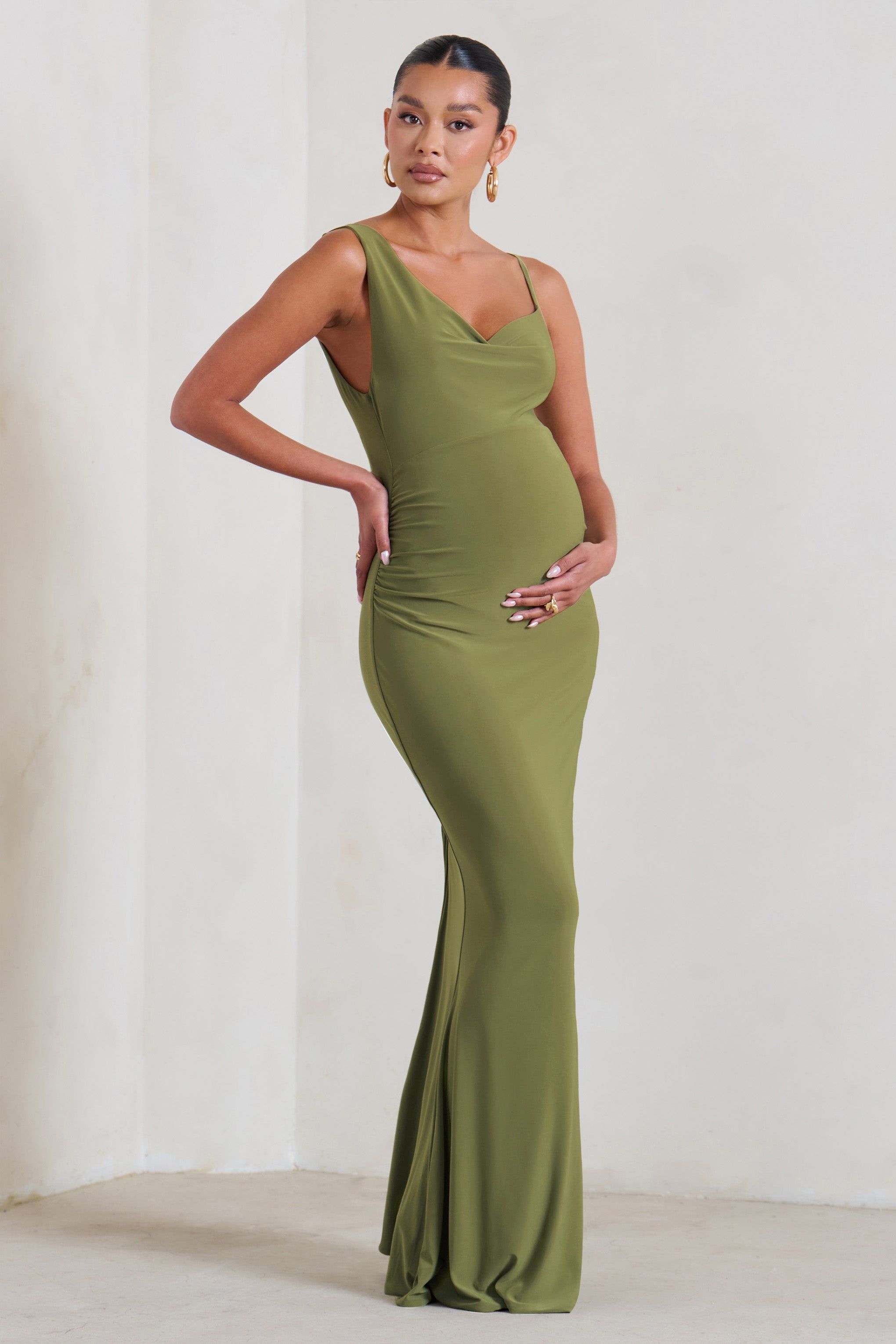 Phantasy | Olive Green Maternity Cowl Neck Maxi Dress sold by Club L London product image thumbnail 4