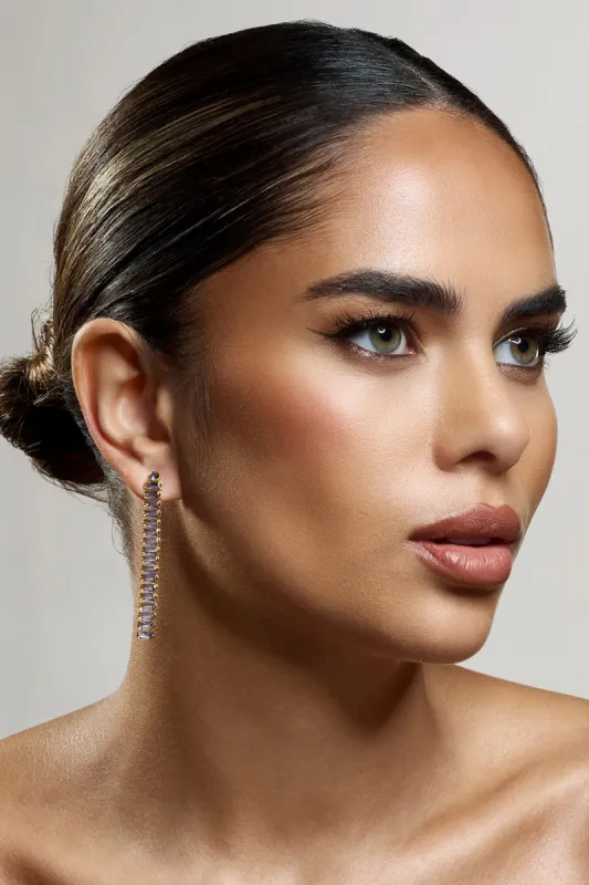 Rosita | Purple Diamante Tassel Earrings sold by Club L London