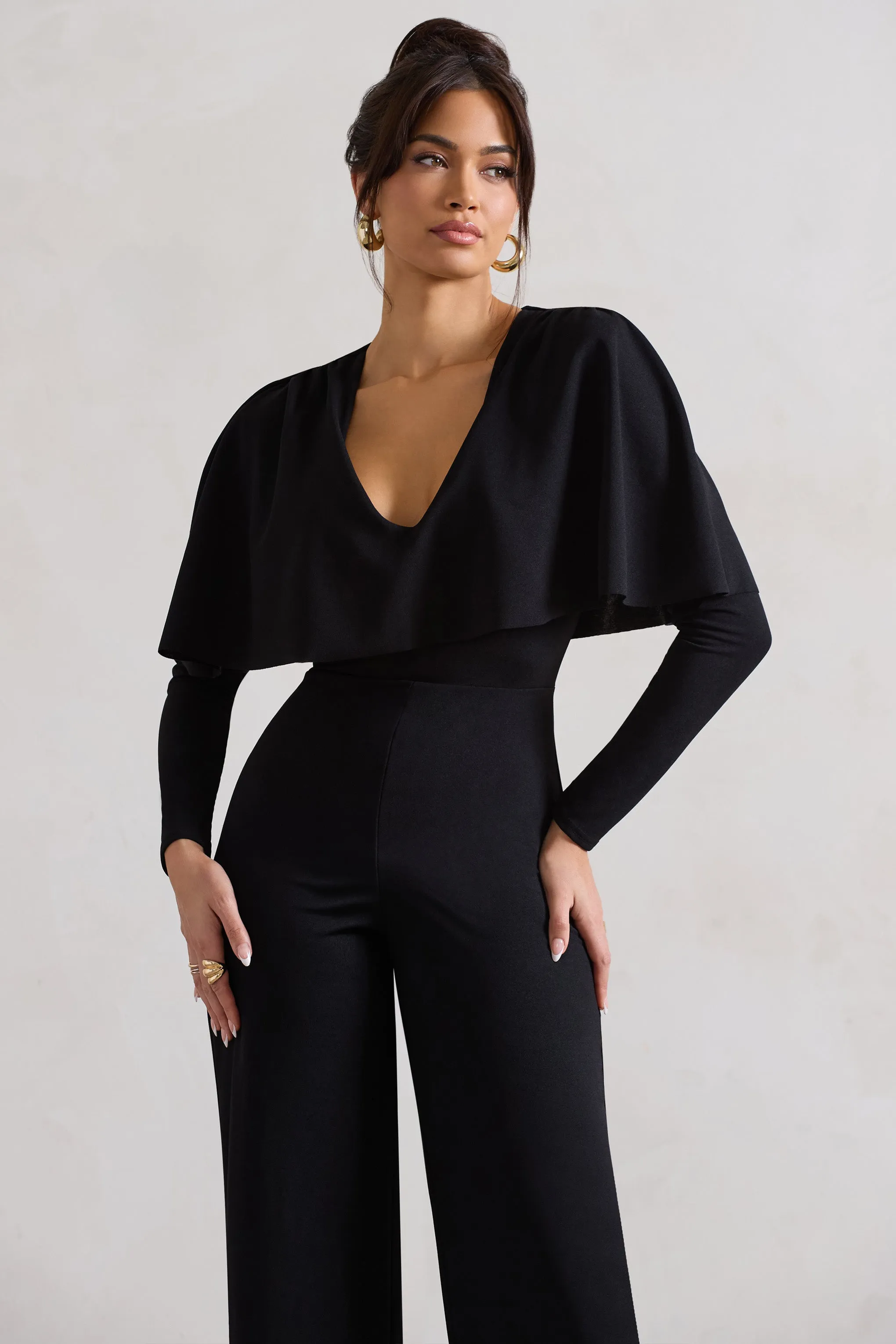 My Charm | Black Draped Plunge-Neck Straight-Leg Jumpsuit sold by Club L London product image thumbnail 3