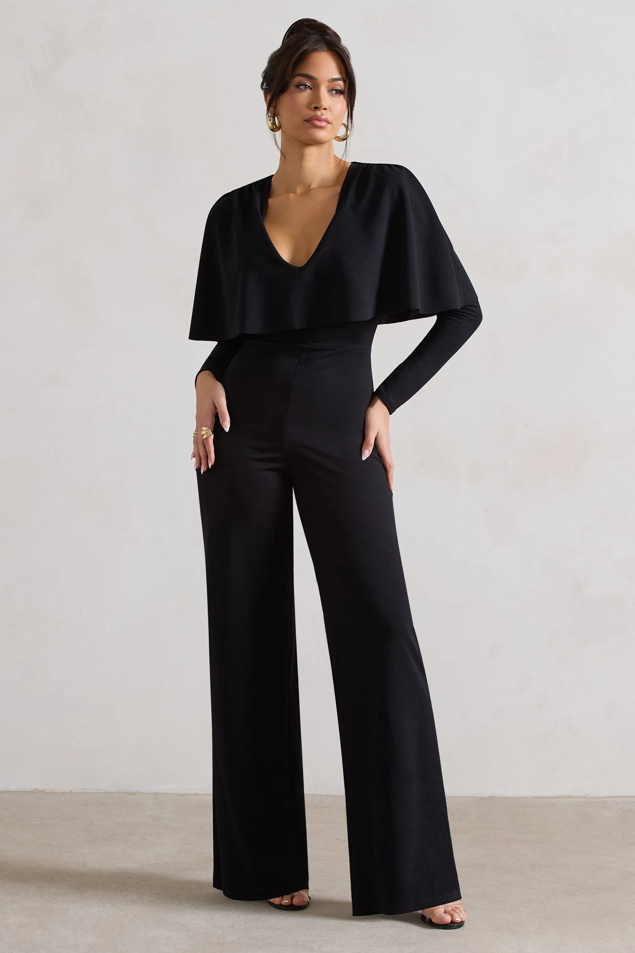 My Charm | Black Draped Plunge-Neck Straight-Leg Jumpsuit sold by Club L London product image thumbnail 5