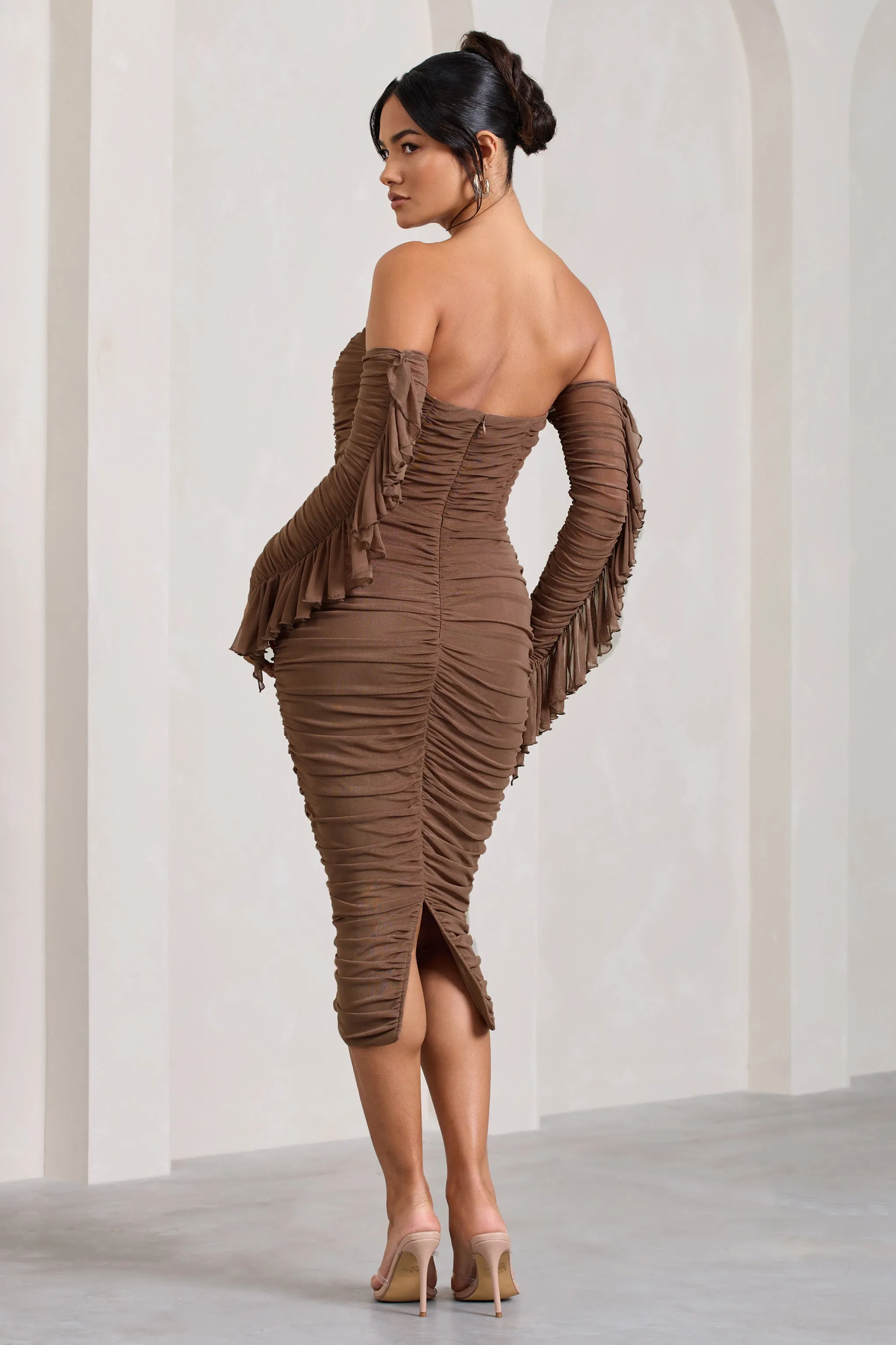 Favor | Mocha Ruched Mesh Bardot Midi Dress sold by Club L London product image thumbnail 2
