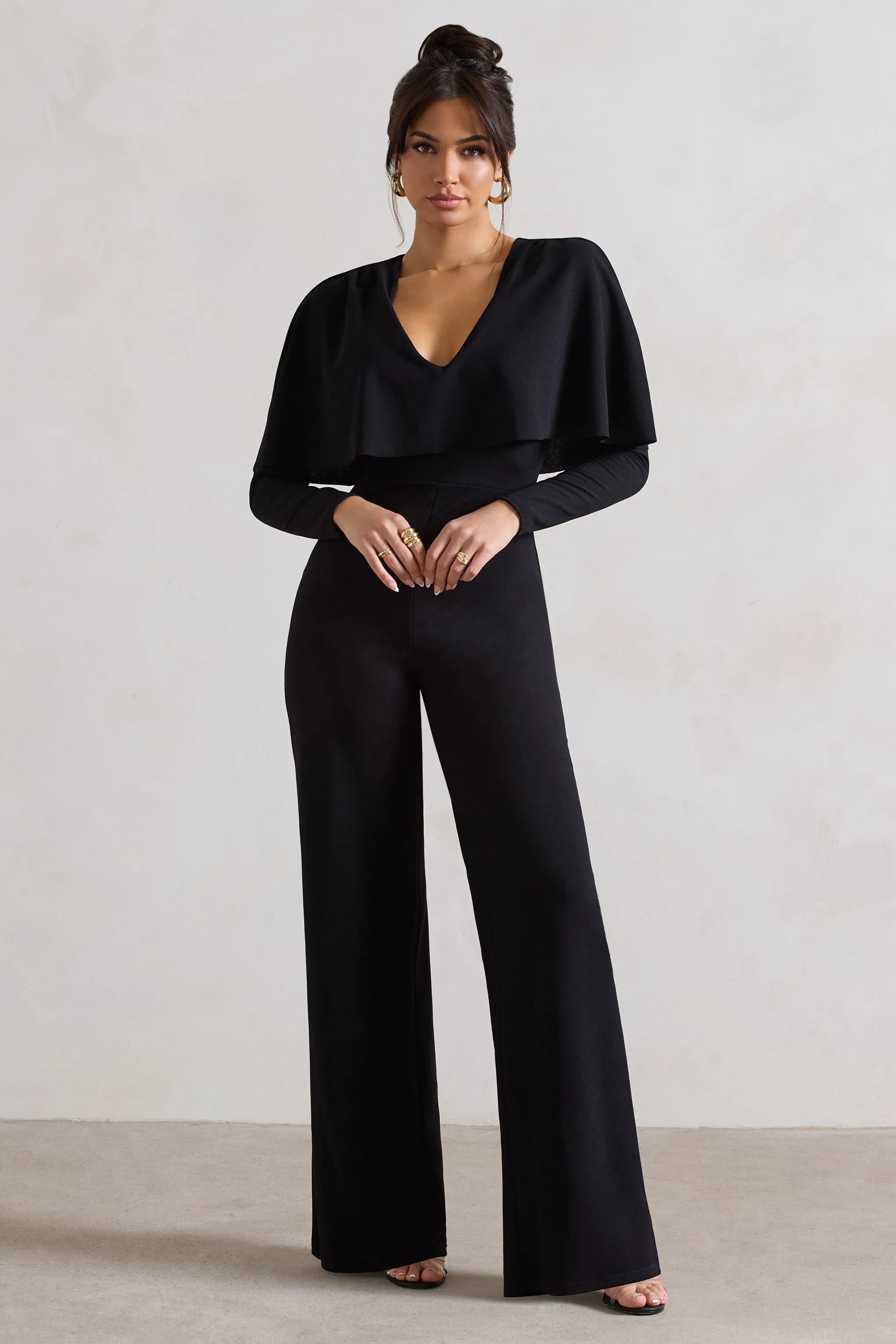 My Charm | Black Draped Plunge-Neck Straight-Leg Jumpsuit sold by Club L London product image thumbnail 4