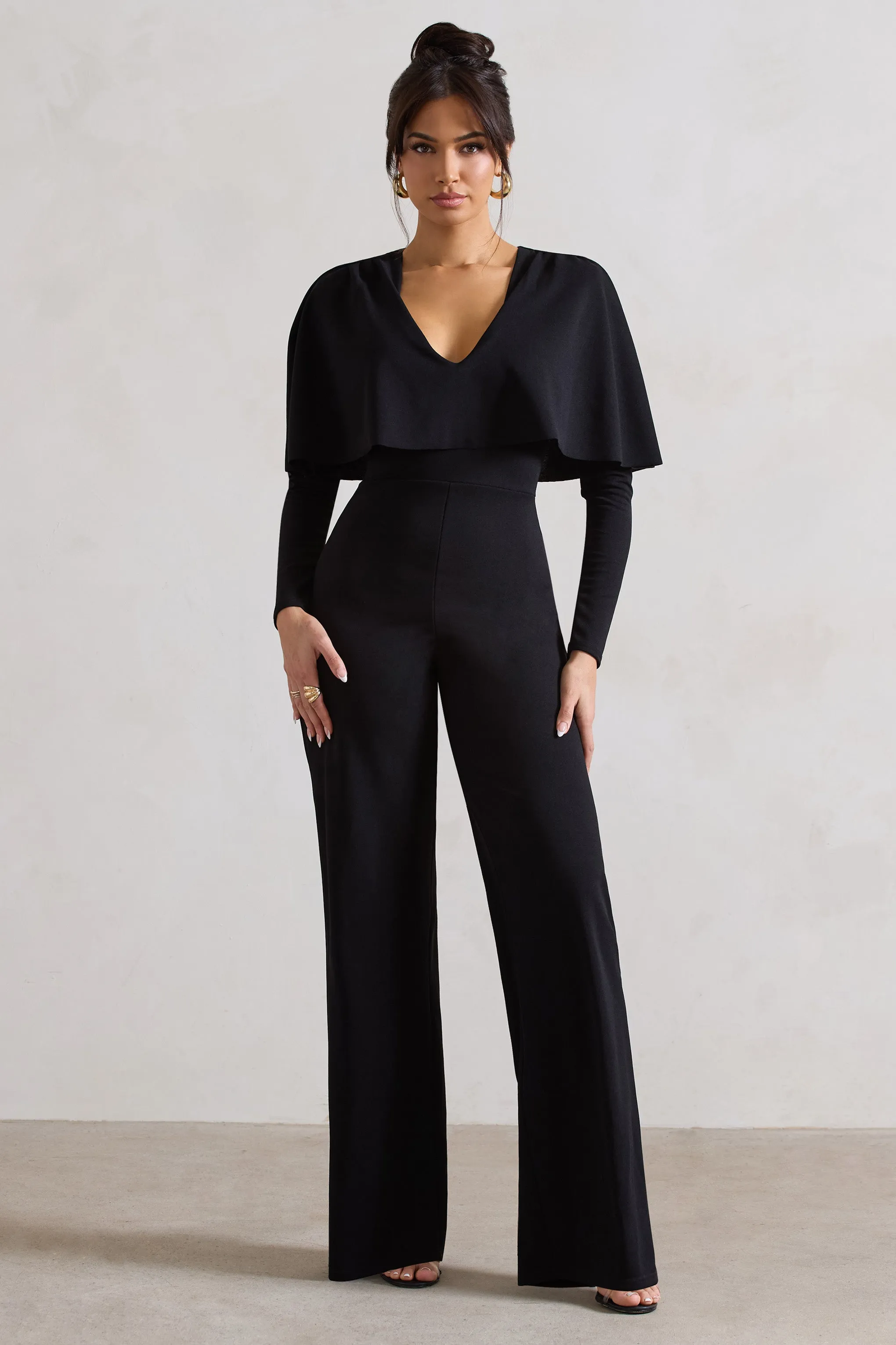 My Charm | Black Draped Plunge-Neck Straight-Leg Jumpsuit sold by Club L London