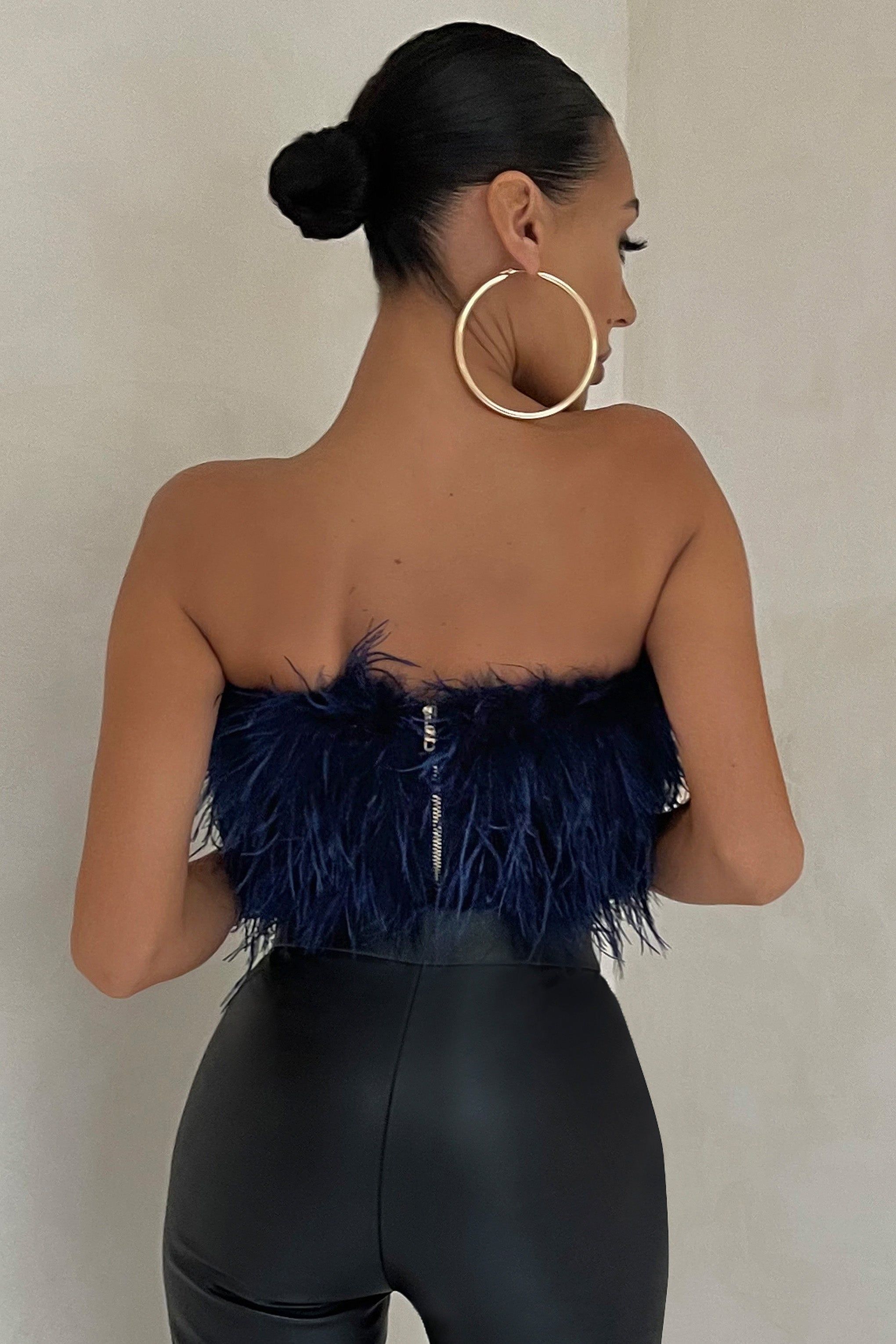 Dream Daze | Navy Feather Bandeau Crop Top sold by Club L London product image thumbnail 2