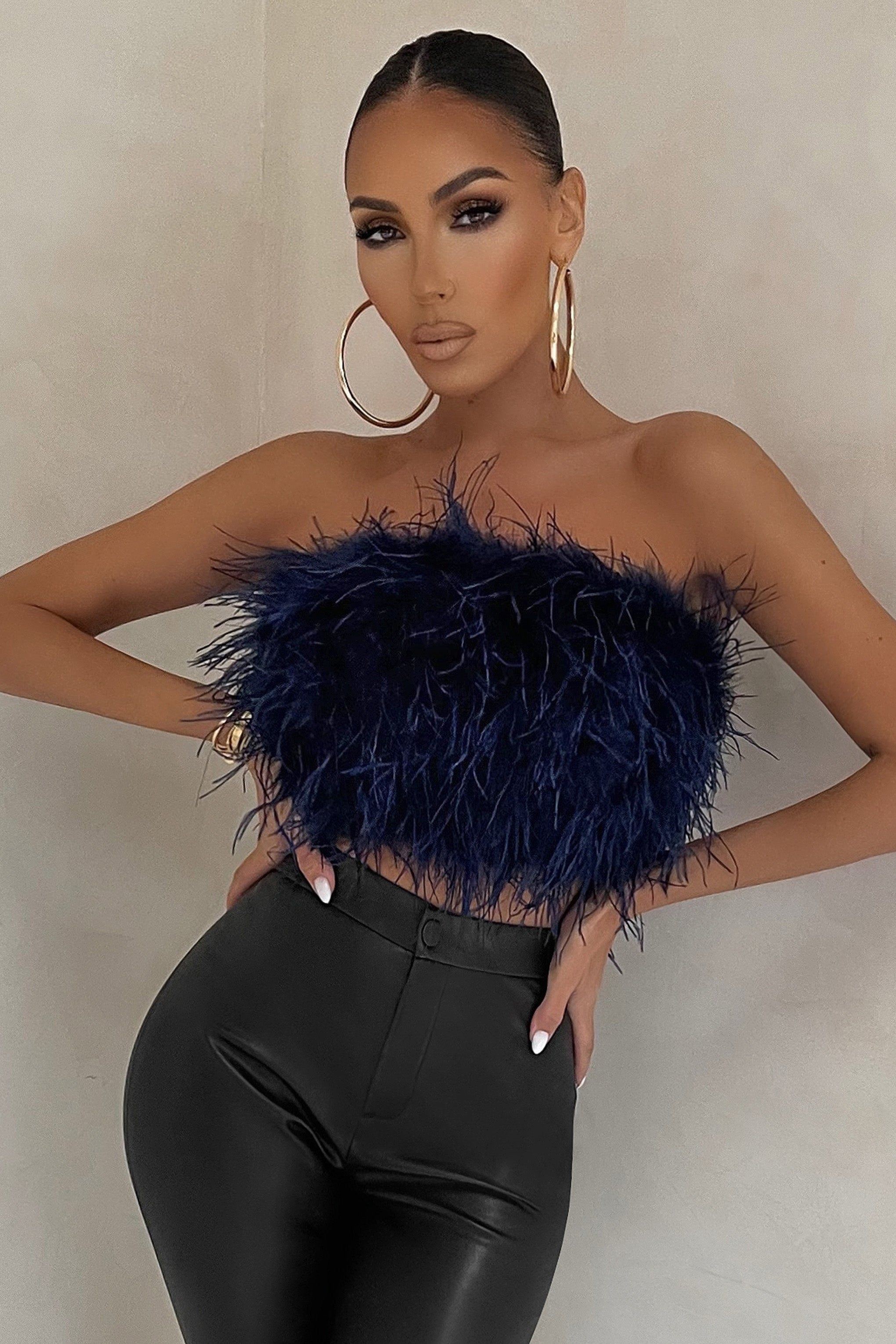 Dream Daze | Navy Feather Bandeau Crop Top sold by Club L London product image thumbnail 4