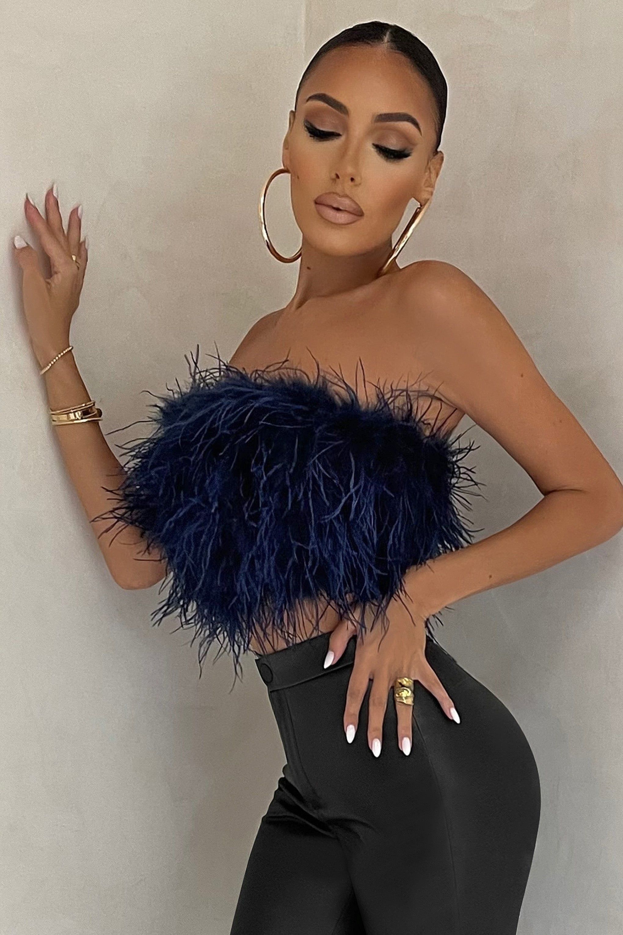 Dream Daze | Navy Feather Bandeau Crop Top sold by Club L London product image thumbnail 5