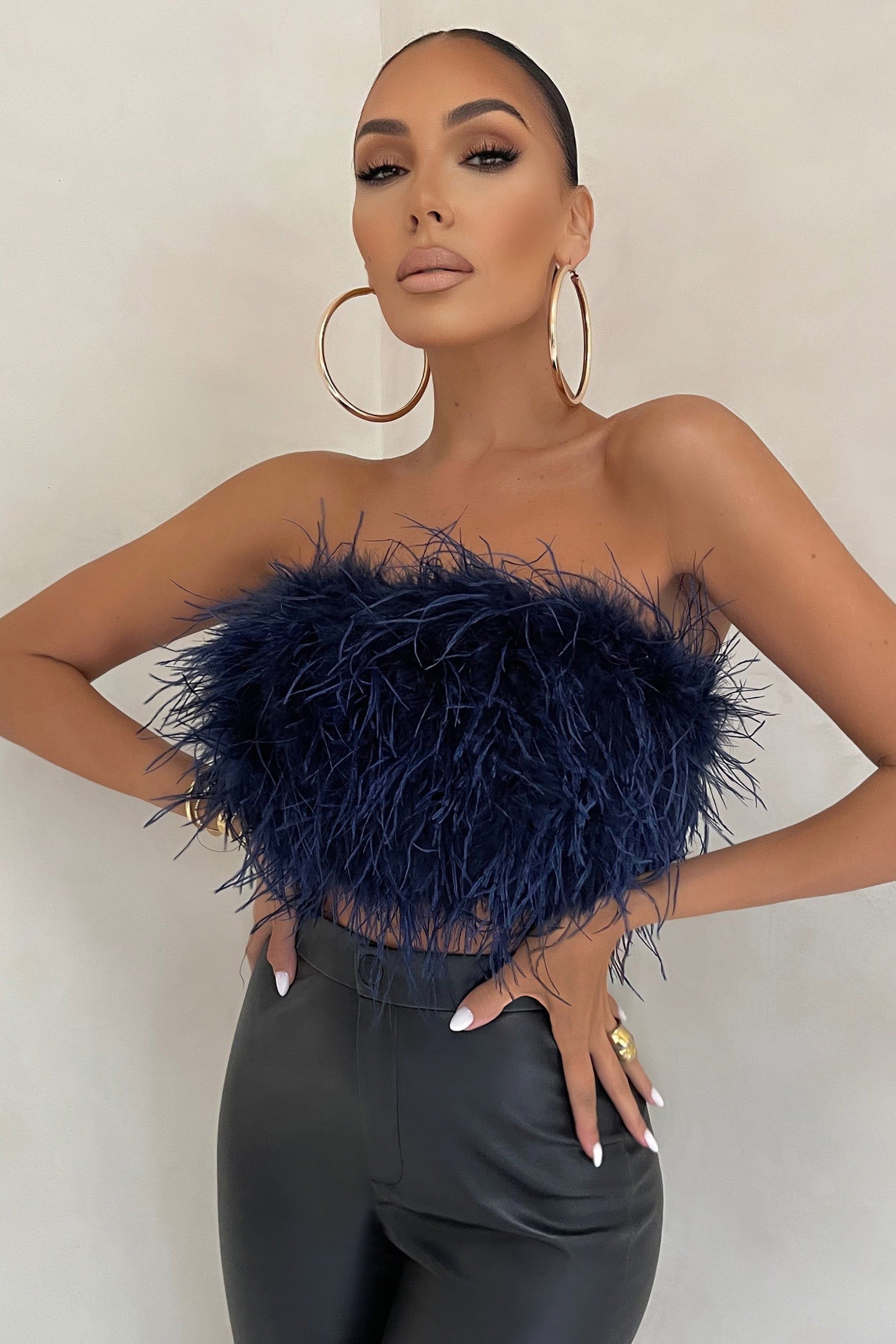 Dream Daze | Navy Feather Bandeau Crop Top sold by Club L London