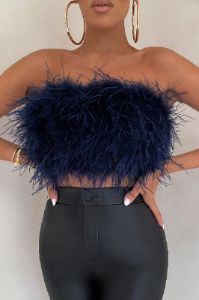 Dream Daze | Navy Feather Bandeau Crop Top sold by Club L London