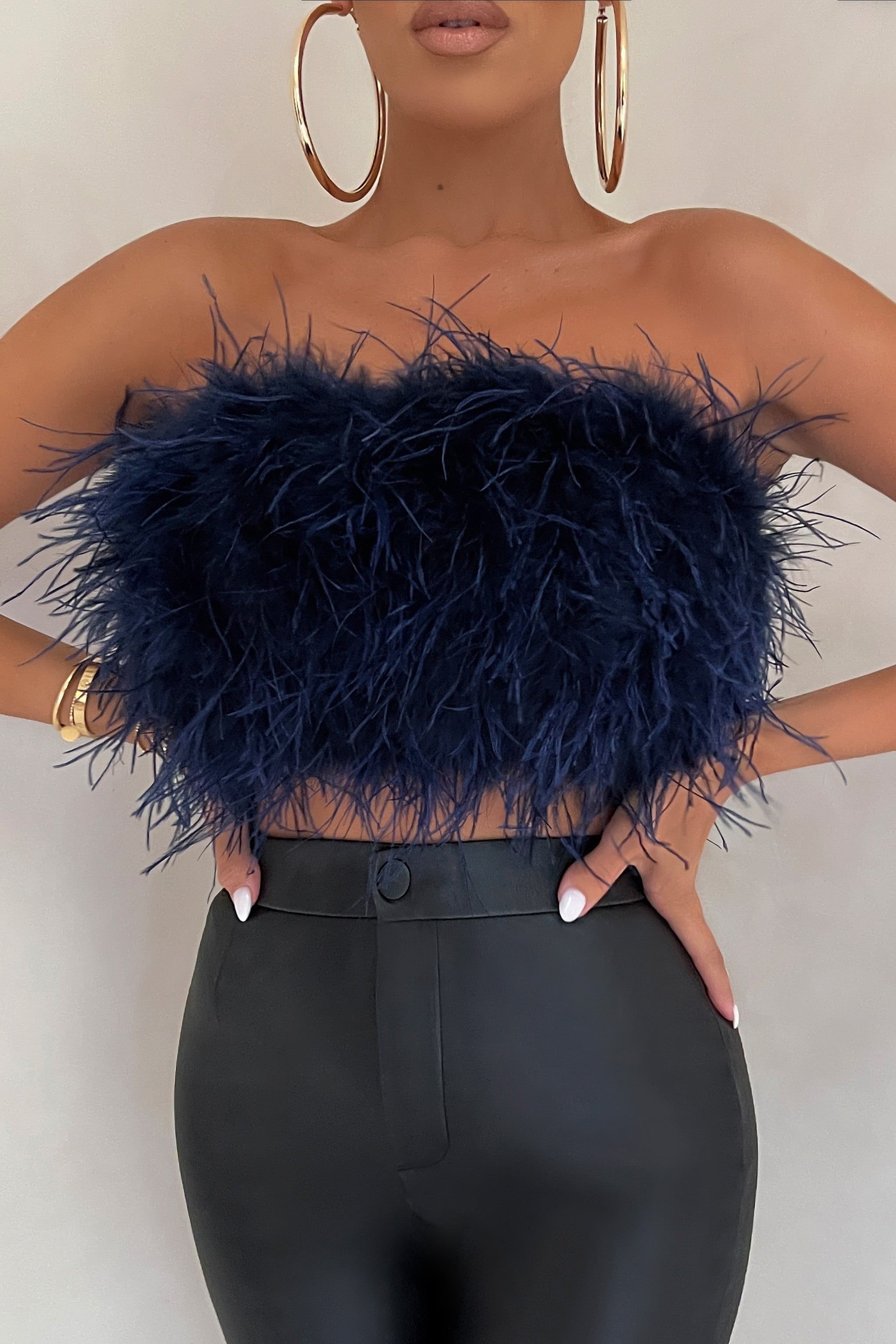Dream Daze | Navy Feather Bandeau Crop Top sold by Club L London product image thumbnail 3