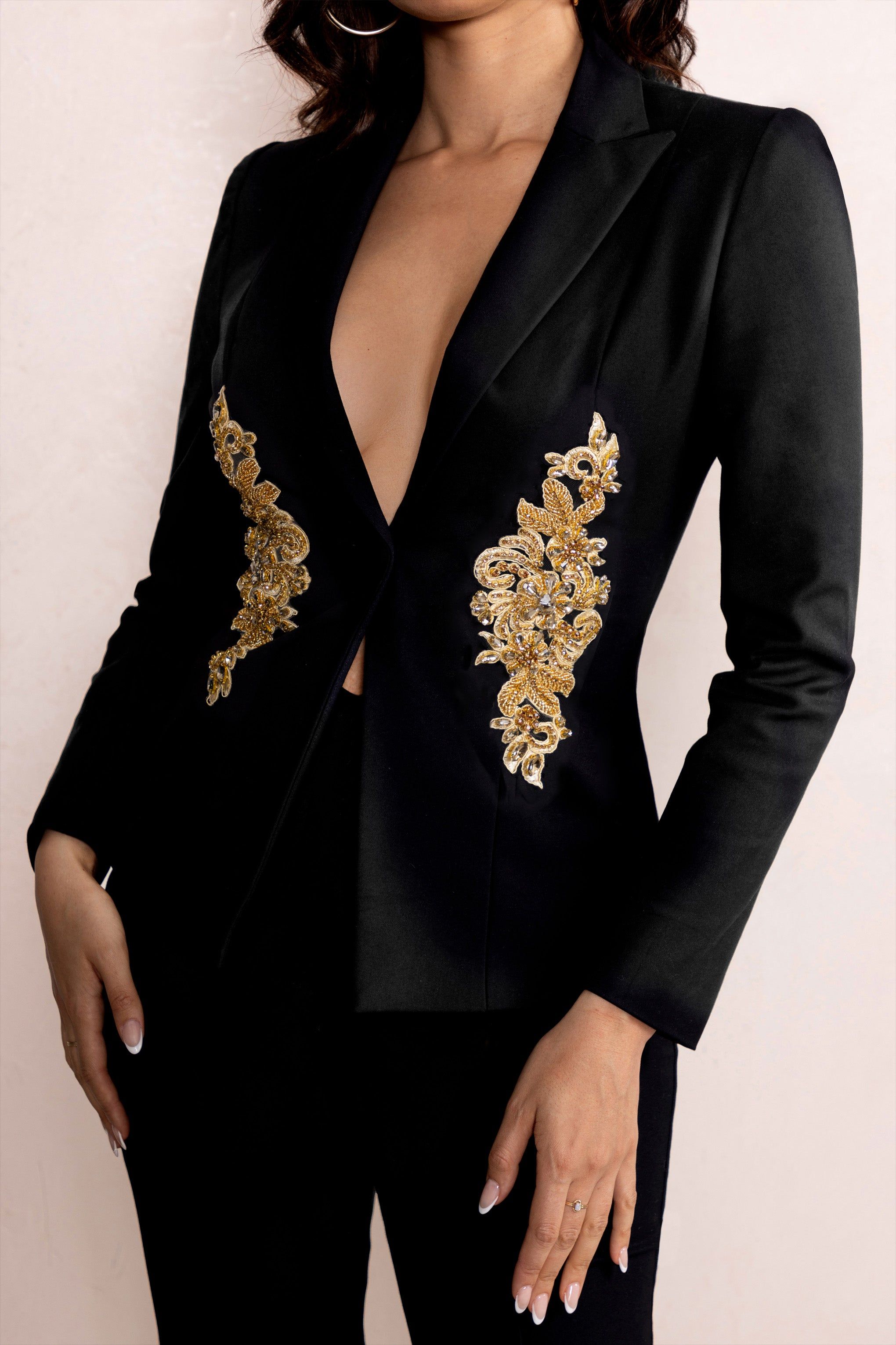 Lissa | Black Fitted Blazer with Gold Embroidery Waist Detail sold by Club L London product image thumbnail 3