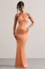 Unbeatable | Peach Satin Cross Over Halter-Neck Maxi Dress sold by Club L London