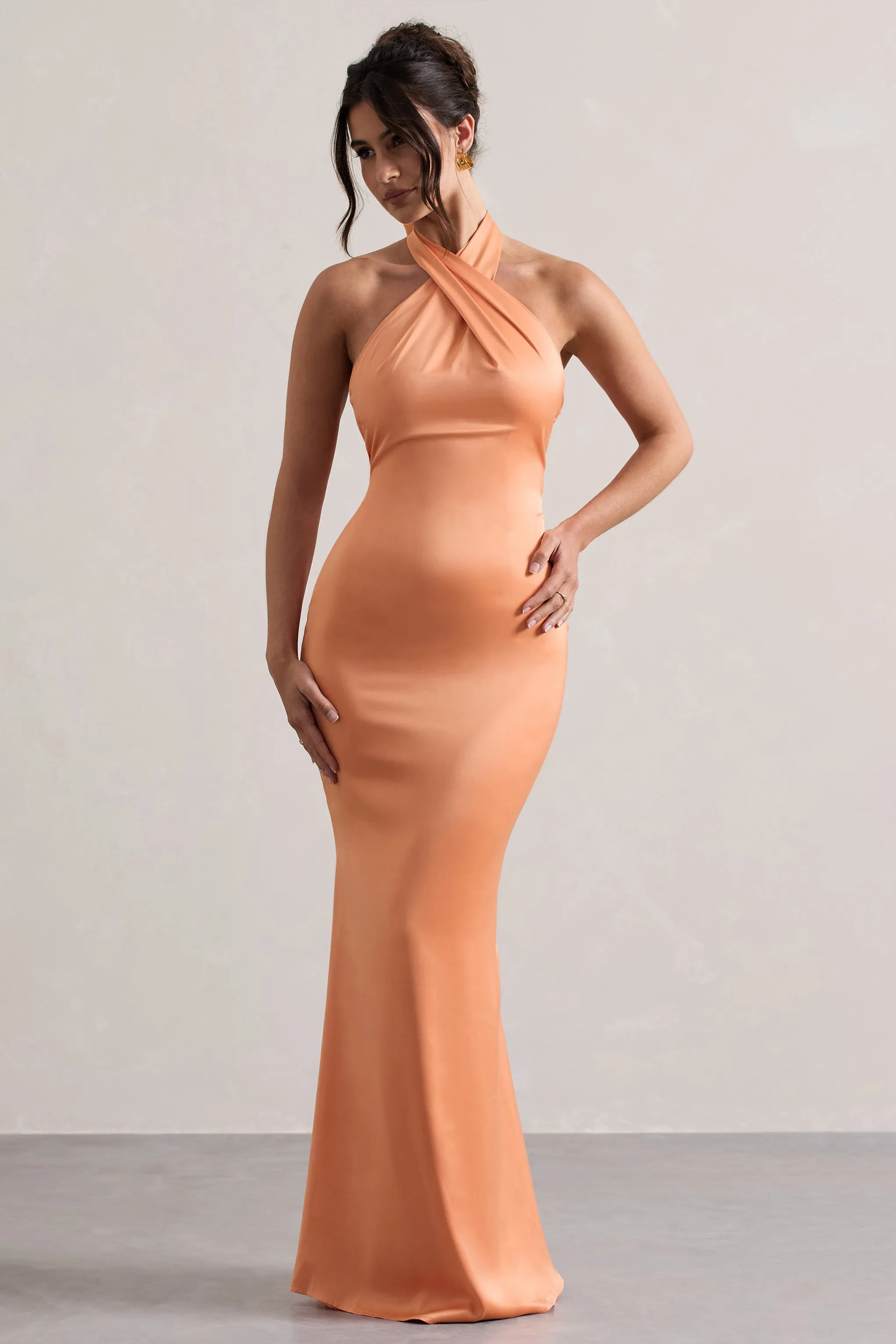Unbeatable | Peach Satin Cross Over Halter-Neck Maxi Dress sold by Club L London product image thumbnail 4