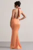 Unbeatable | Peach Satin Cross Over Halter-Neck Maxi Dress sold by Club L London