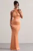 Unbeatable | Peach Satin Cross Over Halter-Neck Maxi Dress sold by Club L London
