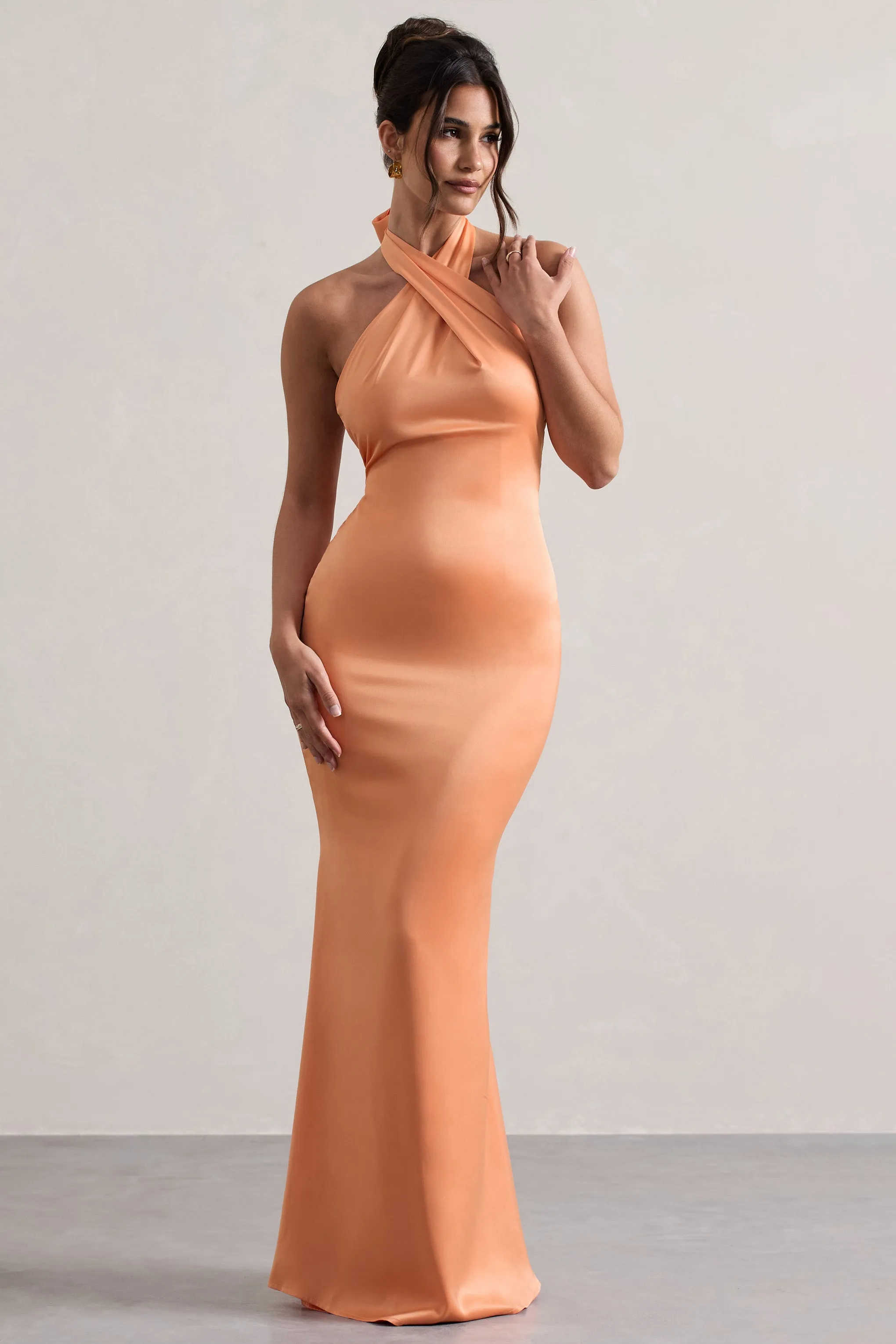 Unbeatable | Peach Satin Cross Over Halter-Neck Maxi Dress sold by Club L London product image thumbnail 5